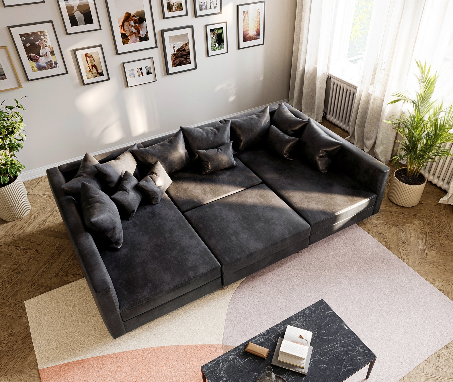 Canapé-panoramique Clovis Anthracite look Antique Modulable avec Tabouret 6 Canapé-panoramique Clovis Anthracite look Antique Modulable avec Tabouret 6