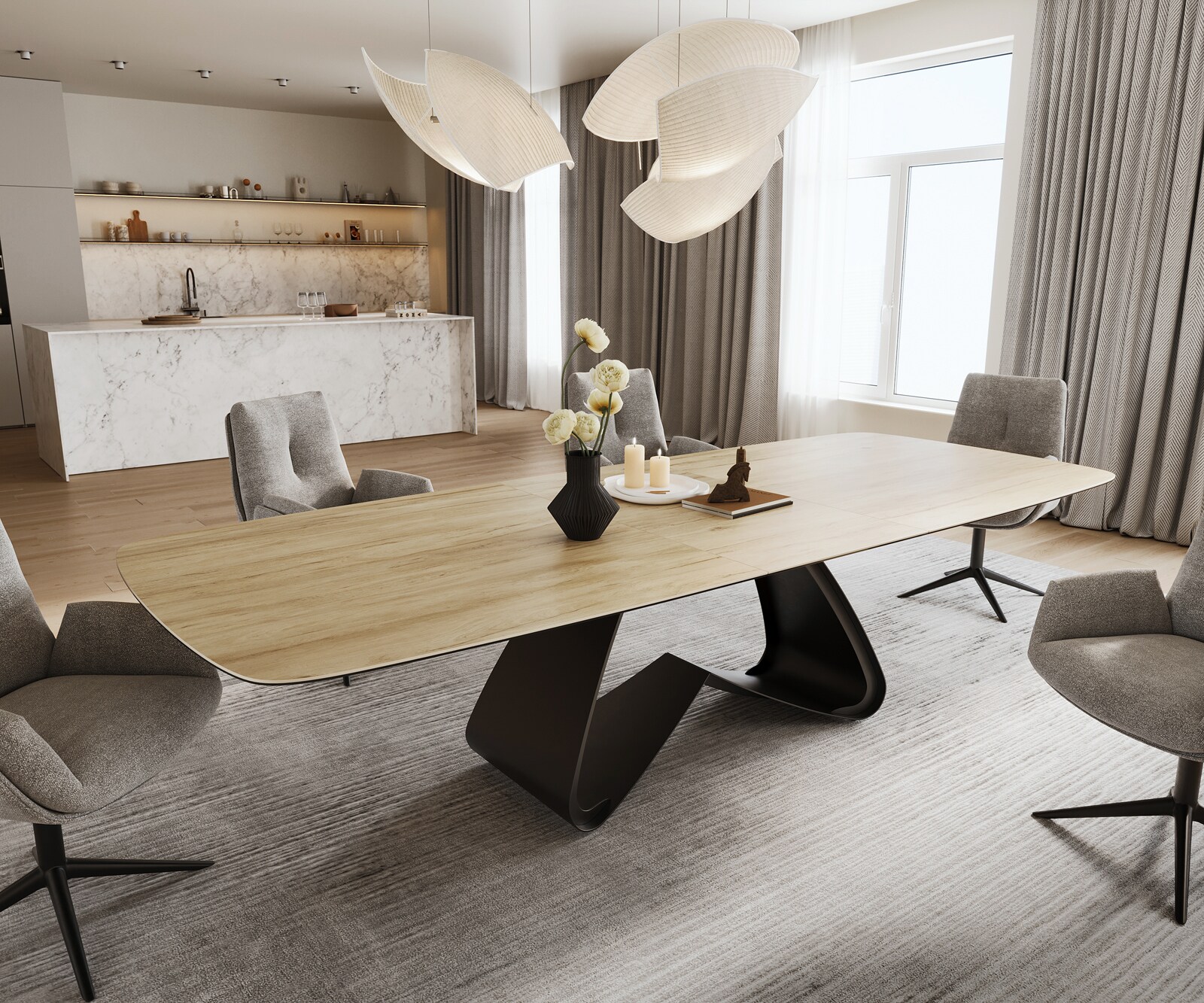 Table à manger Edge Boot 240-300x120 cm Céramique Laminam® Sabbia Eichefarbig piètement en W Noir extensible 1