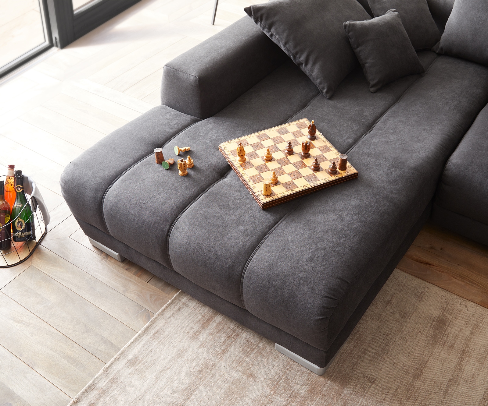 Canapé-panoramique Nabor 300x230 cm microfibre noir pouf à gauche incl. fonction d'extension électrique 4 Canapé-panoramique Nabor 300x230 cm microfibre noir pouf à gauche incl. fonction d'extension électrique 4