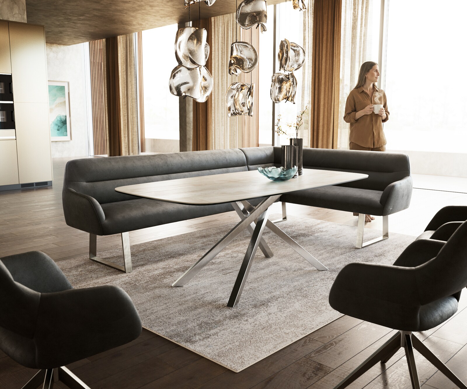 Banc-de-salle-à-manger Taya-Flex 285x190 cm microfibre antracite vintage piètement à patins angulaire acier inoxydable ressort ensaché liens 1