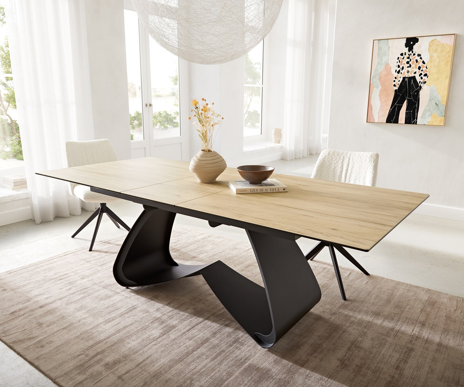 Table à manger Edge 180-220x100 céramique Laminam® Sabbia couleur chêne cadre en W noir extensible 1