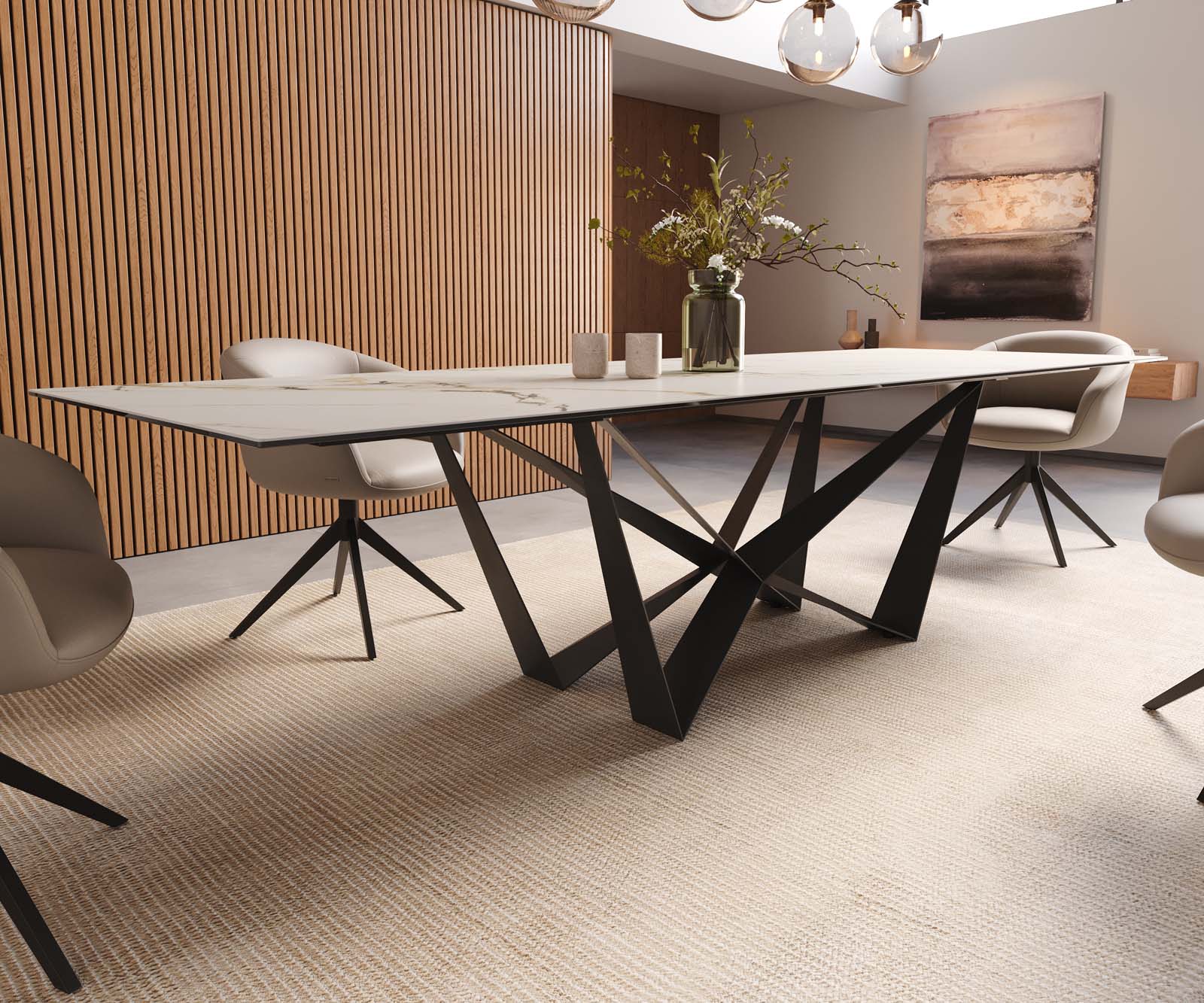 Table à manger Edge 300x100 céramique Calacatta Luxe blanc-doré-gris Spider acier plat noir 7