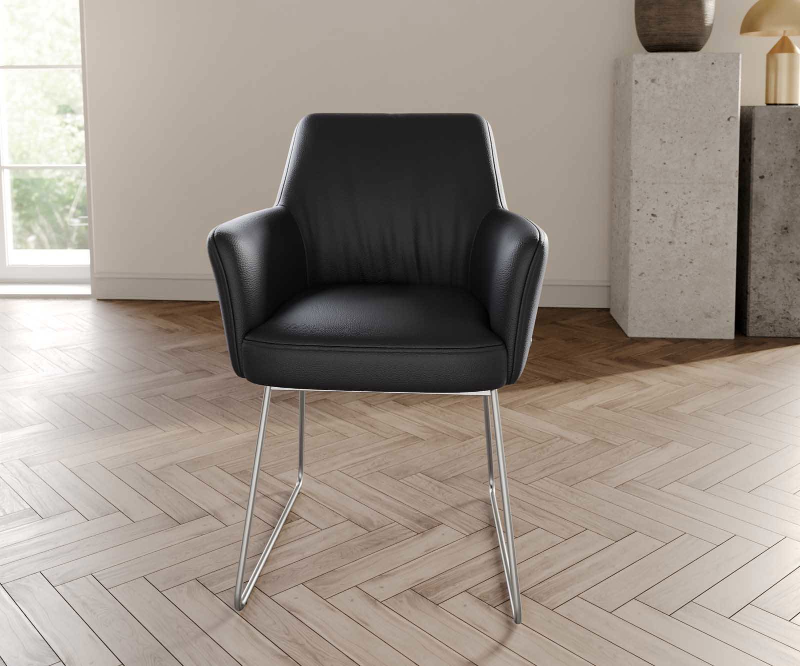Chaise-de-salle-à-manger Xana-Flex avec accoudoirs cuir de vache noir pied trapèze acier inoxydable brossé ressorts ensachés 1