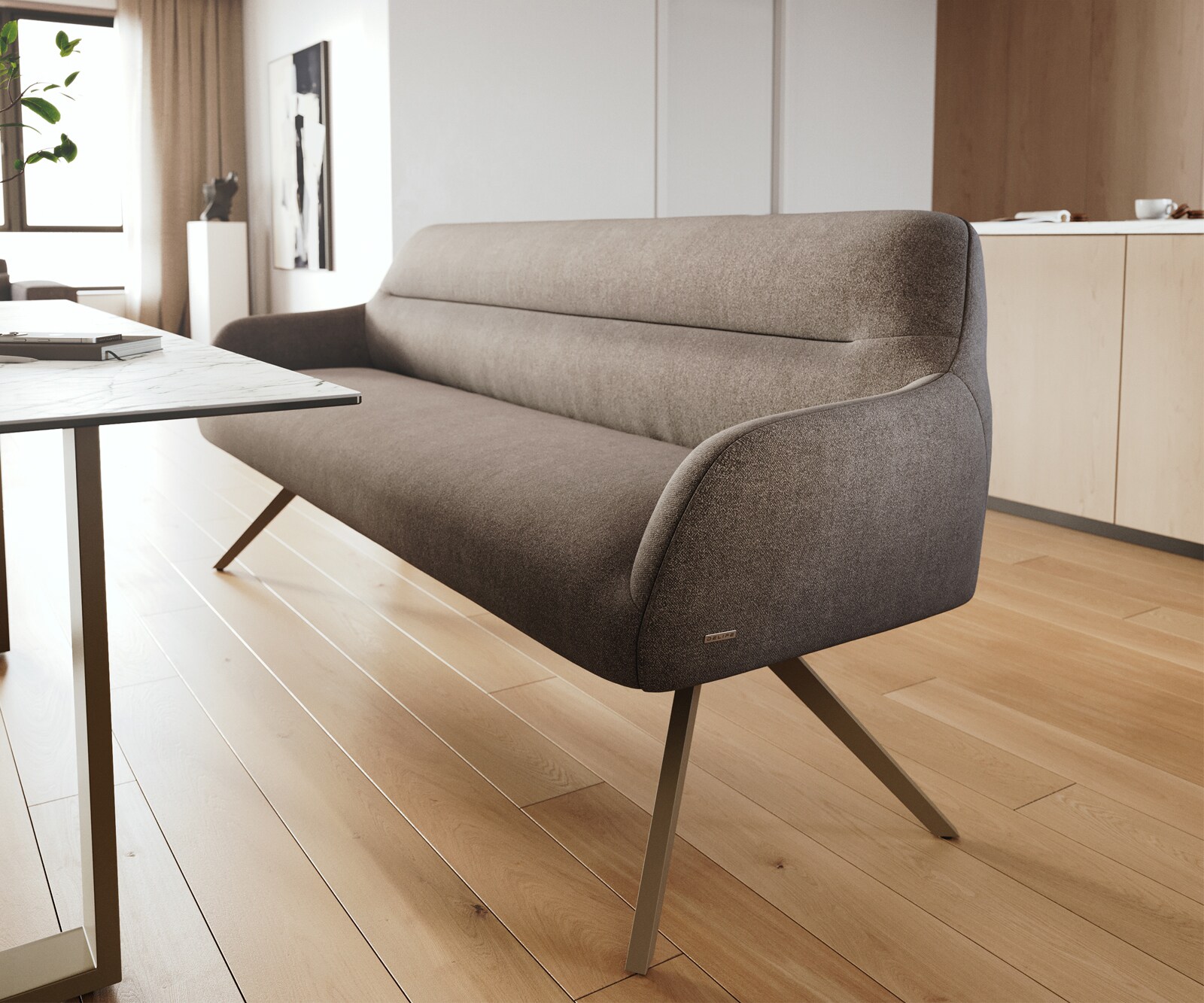 Banc-de-salle-à-manger Taya-Flex 200 cm tissu structuré doux taupe pied croisé angulaire titane ressort ensaché 4