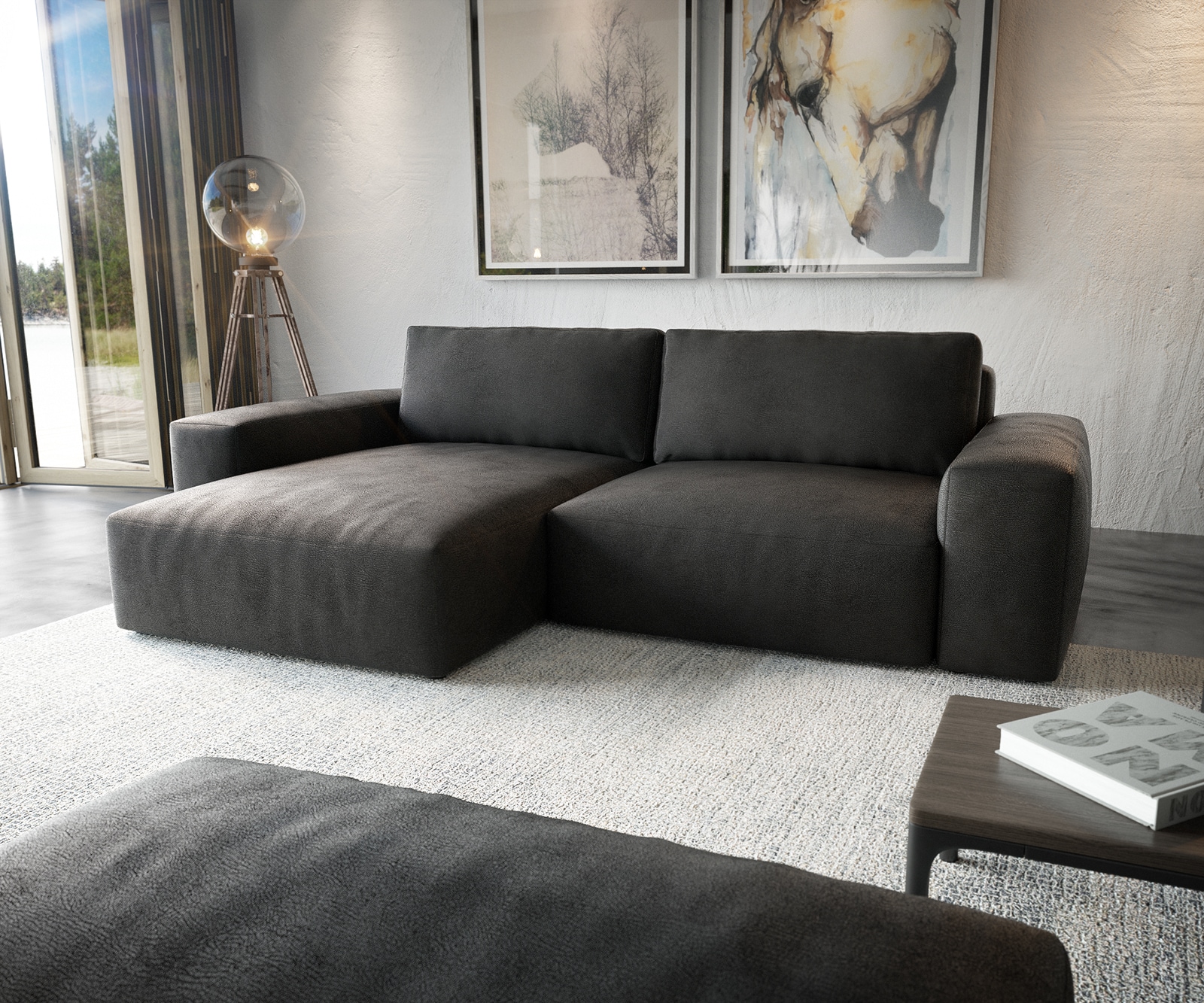 Canapé d'angle Lanzo XL 270x180 cm Imitation cuir Vintage Anthracite Recamière variable avec Tabouret Canapé d'angle Lanzo XL 270x180 cm Imitation cuir Vintage Anthracite Recamière variable avec Tabouret