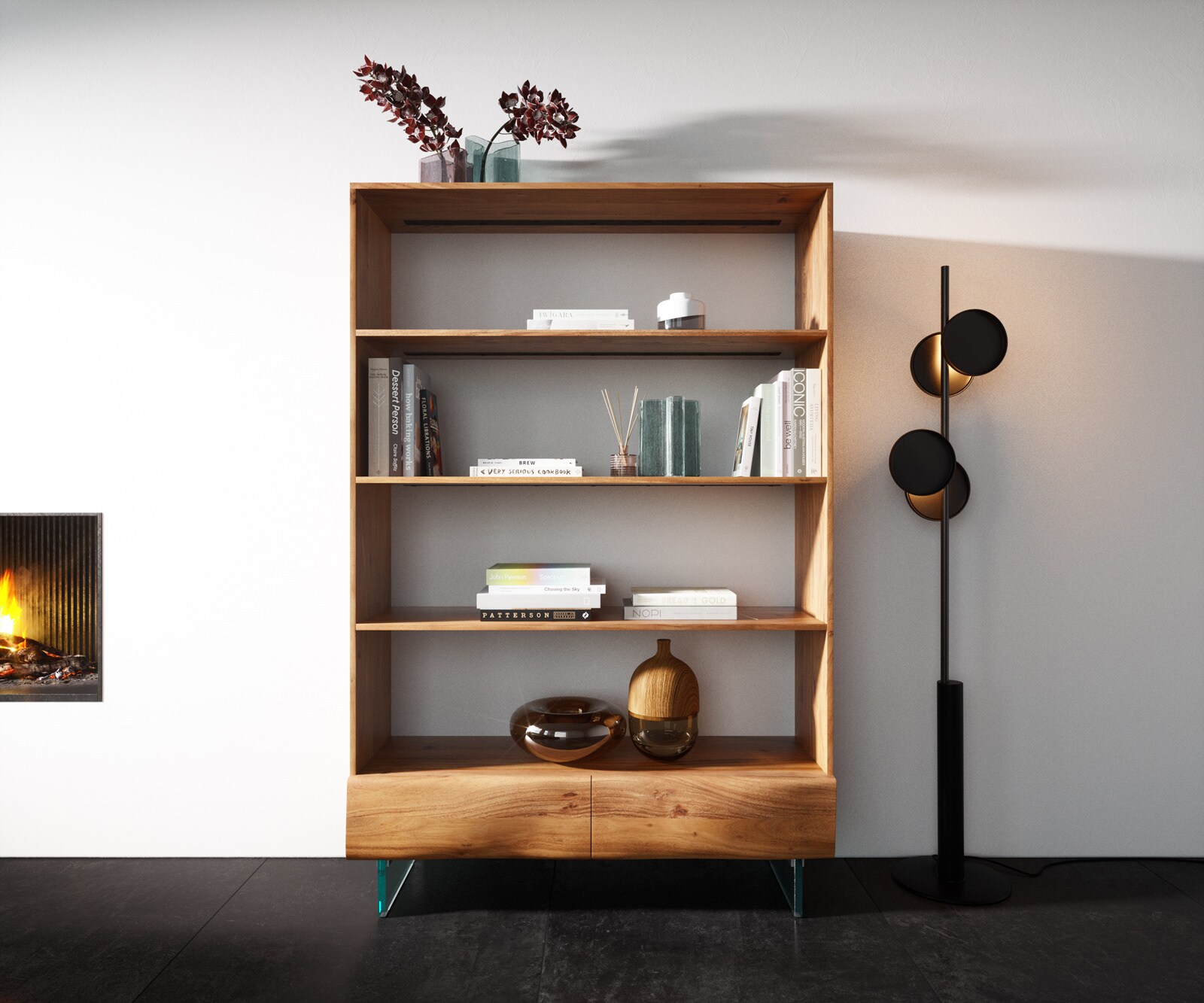 Étagère New Live-Edge 115x150 cm acacia naturel 2 tiroirs pieds en verre  2