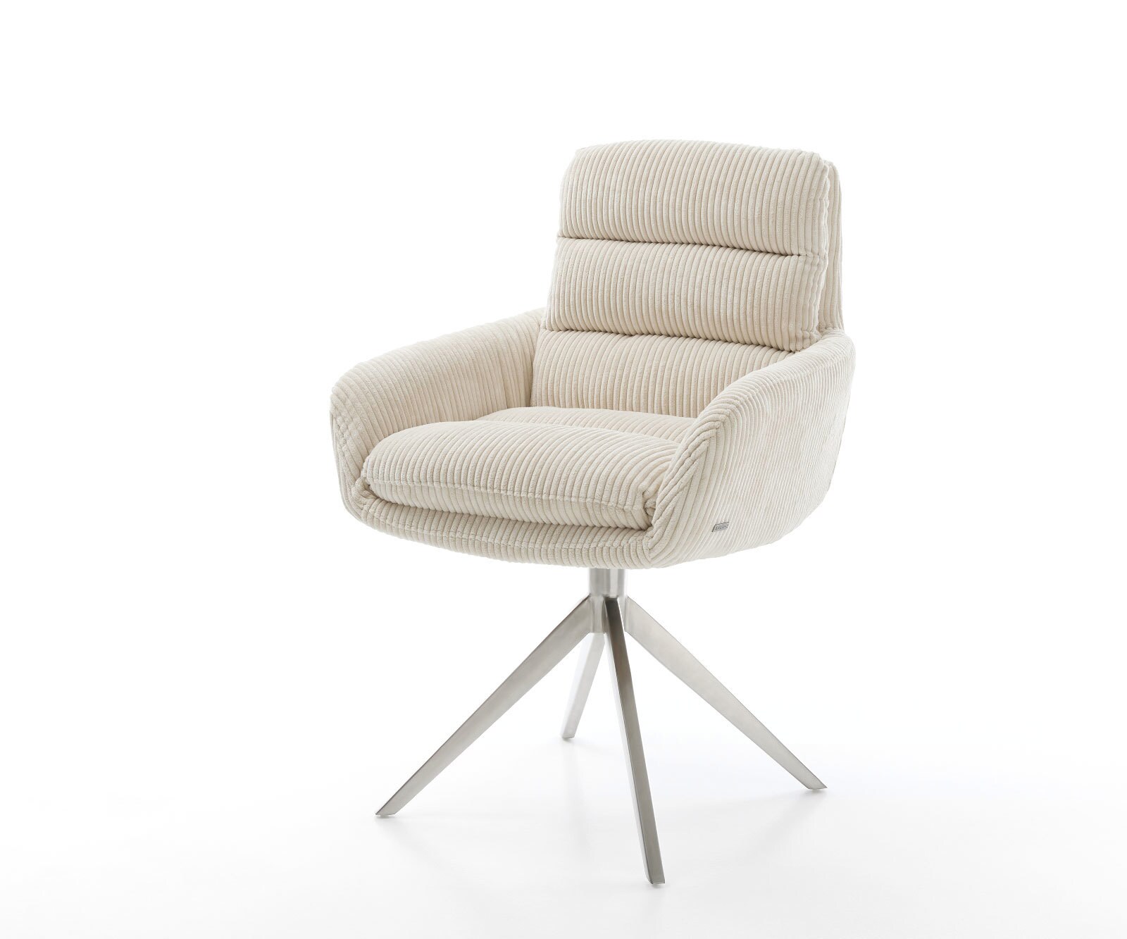 Chaise-de-salle-à-manger Abelia-Flex avec accoudoirs côtelé beige vintage pied croisé large acier inoxydable brossé