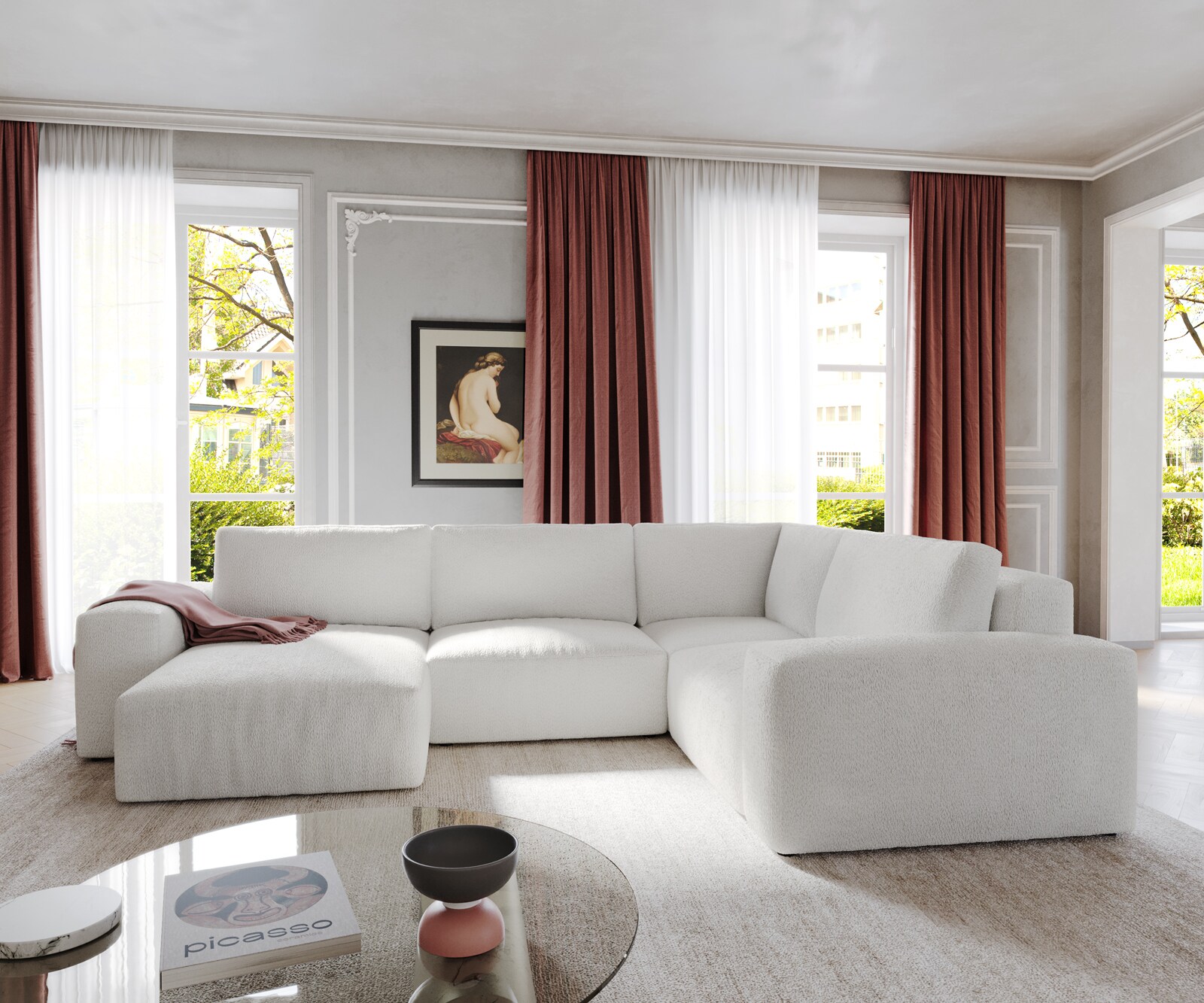 Grand canapé d’angle Lanzo 300x210 cm bouclé blanc crème méridienne réversible 1