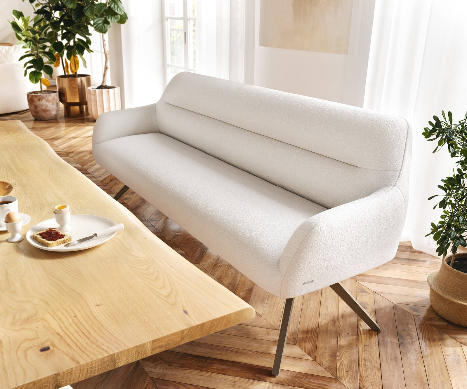 Banc-de-salle-à-manger Taya-Flex 200 cm bouclé crème-blanc pied croisé angulaire titane ressort ensaché