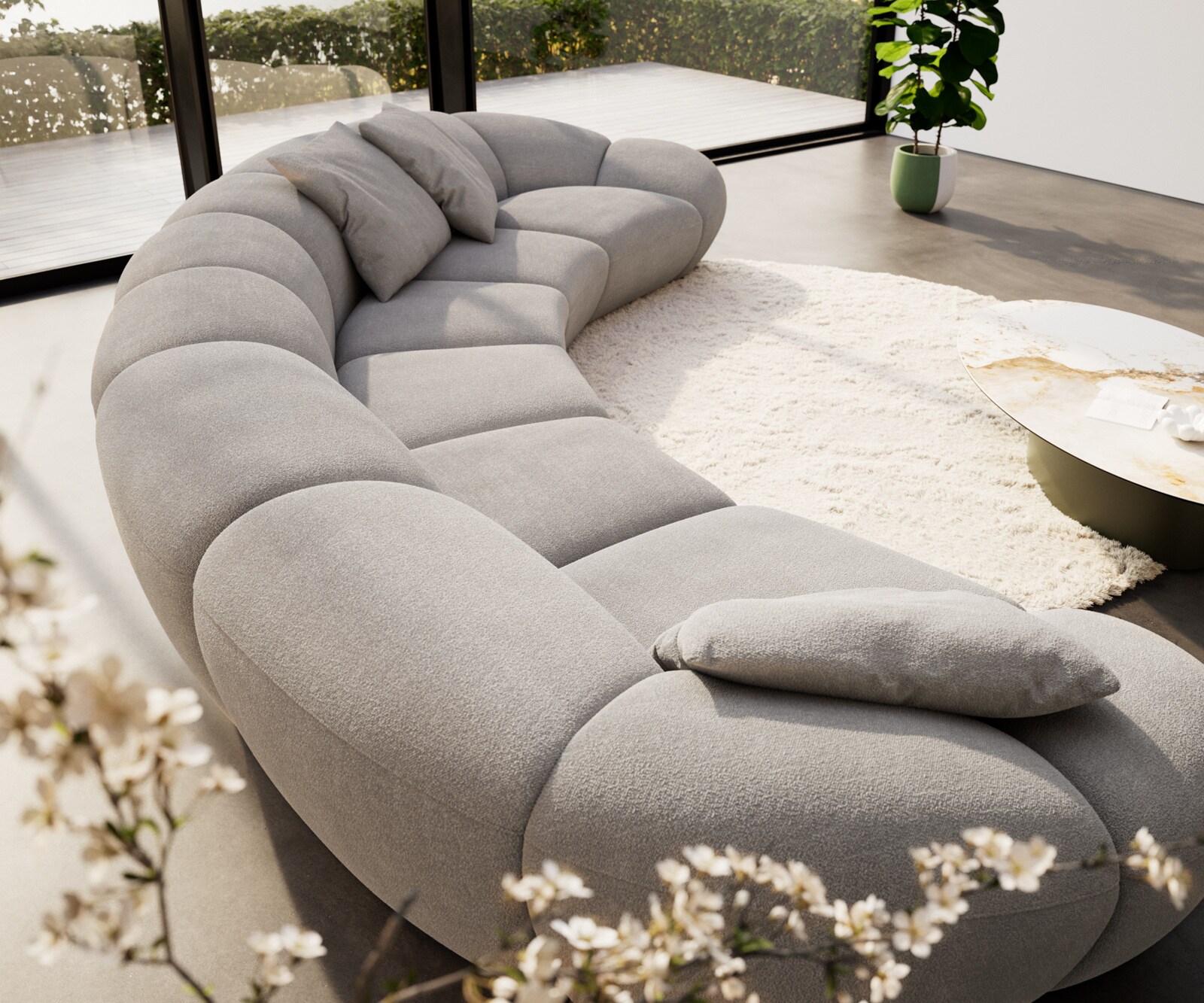 Big sofa Lunna 470x210 cm tissu bouclé taupe 3 coussins 3