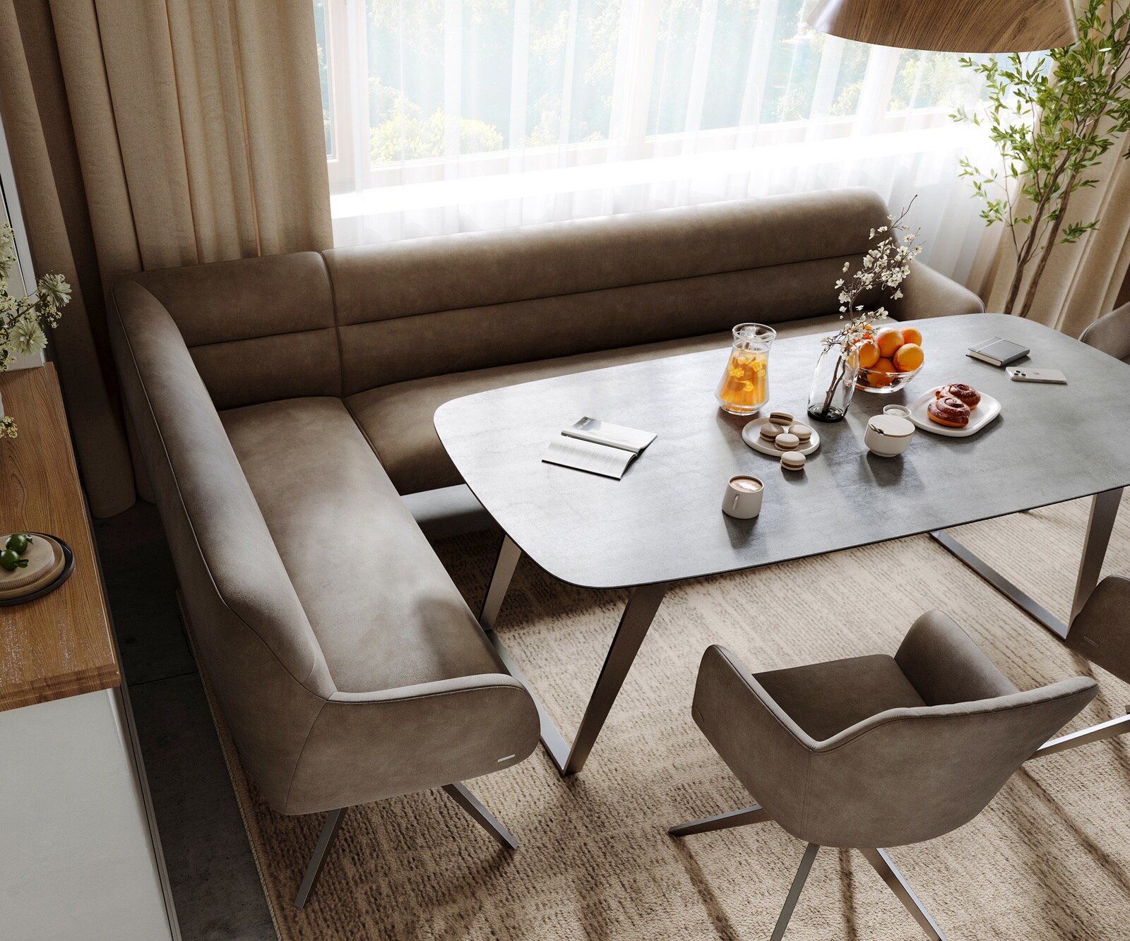 Banc-de-salle-à-manger Taya-Flex 285x190 cm microfibre taupe vintage pied croisé angulaire grafiete ressort ensaché à droite 4