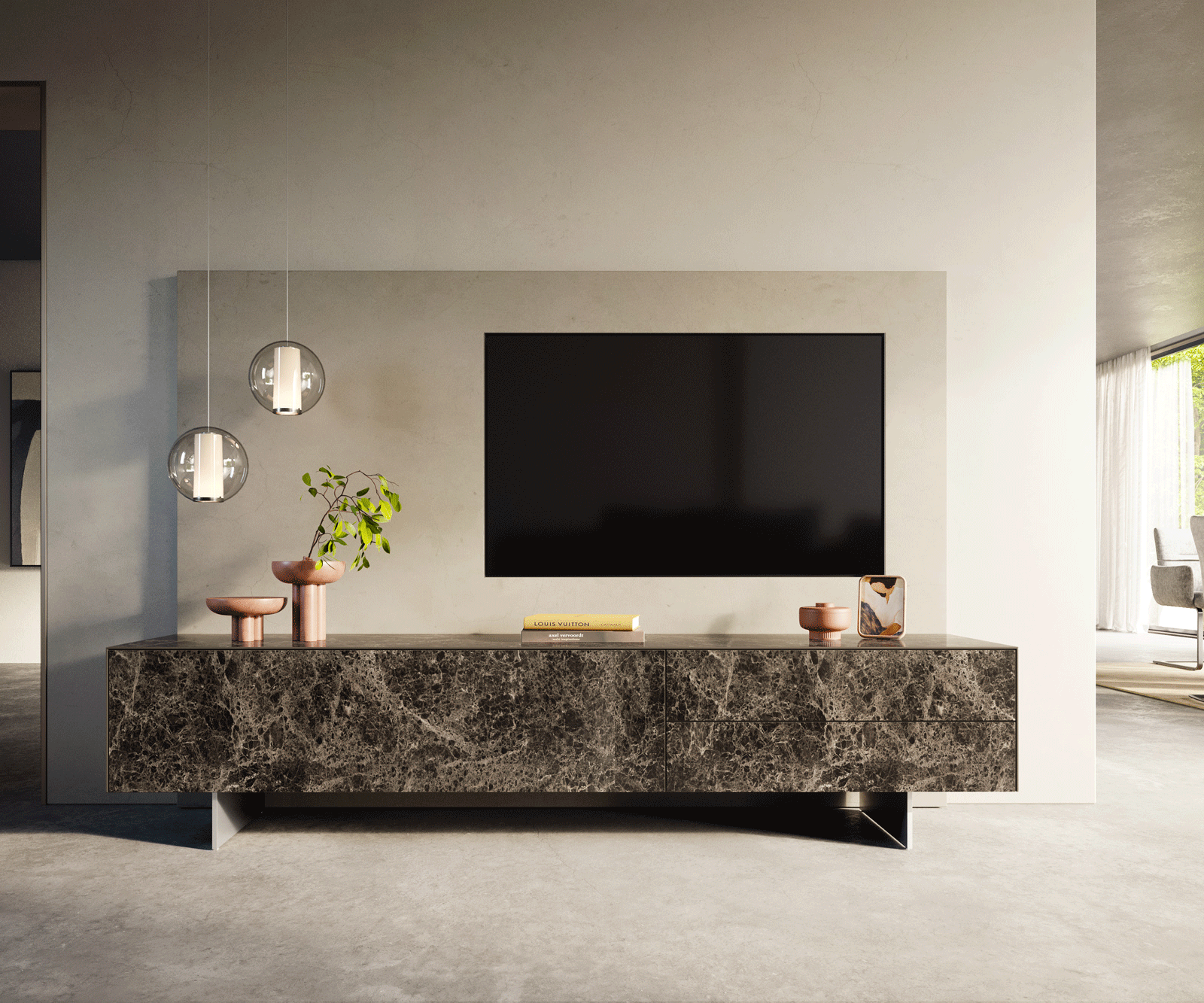 Meuble-TV Cuor 220 cm Céramique Emperador Extra Lucidato brun foncé 1 Clapet 2 Tiroirs Pied optique flottant Ancier inoxydable 1