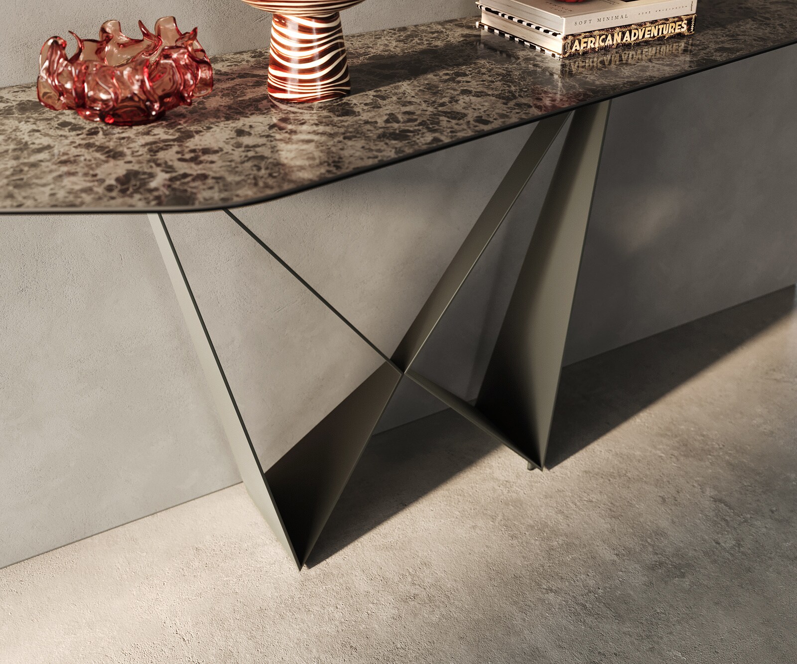 Console Edge Polygonal 180x50 cm Céramique Emperador Extra Lucidato Dunkelbraun Spios Métal Effektfinish Titan 6