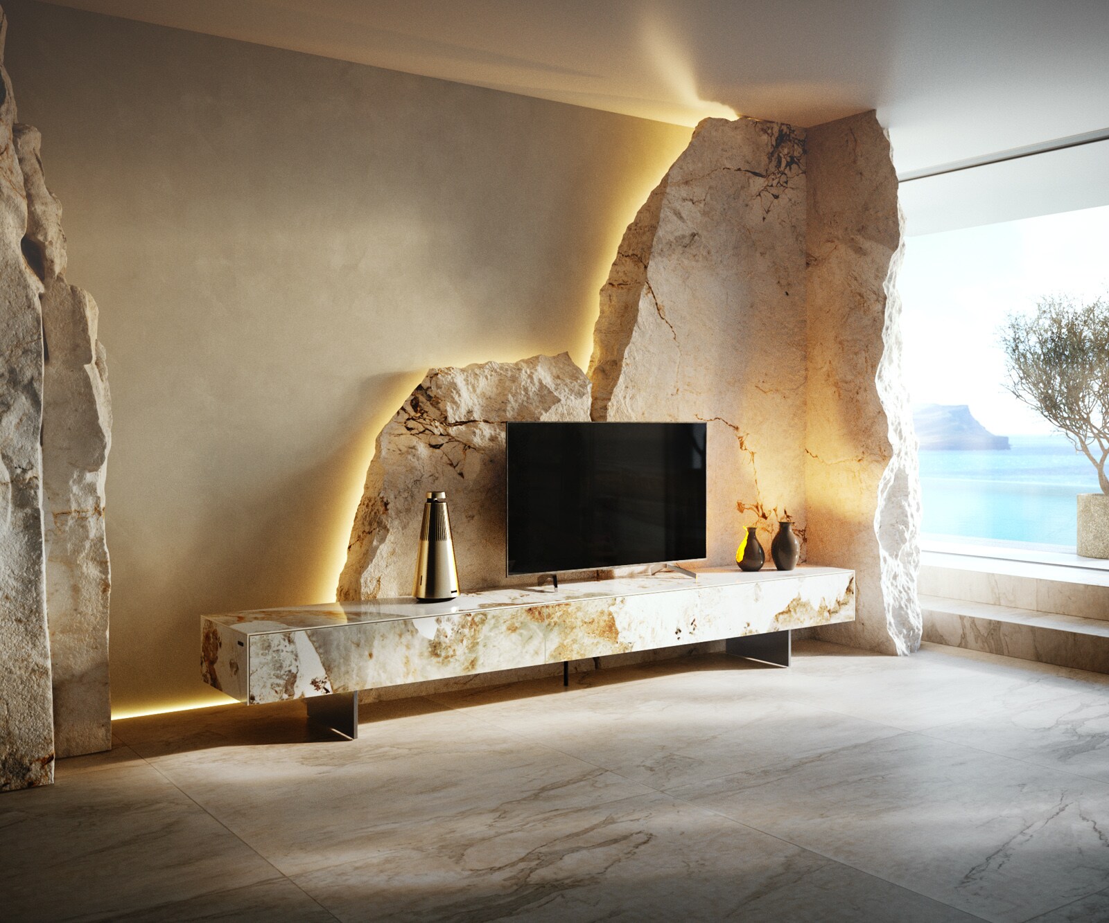 Meuble-TV Cuor 250 cm Céramique Minas Melange Blanc-beige 1 Clapet 1 Tiroir Pied optique flottant Ancier inoxydable 1