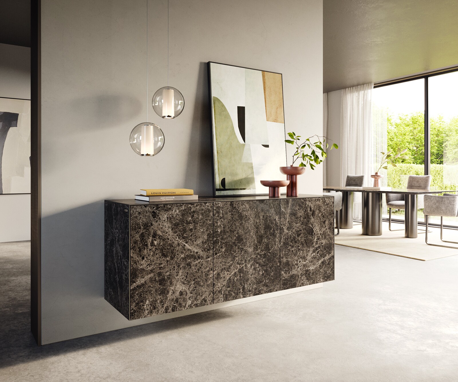 Buffet Cuor 150 cm Céramique Laminam® Emperador Extra Lucidato brun foncé 3 Portes Flottant 1