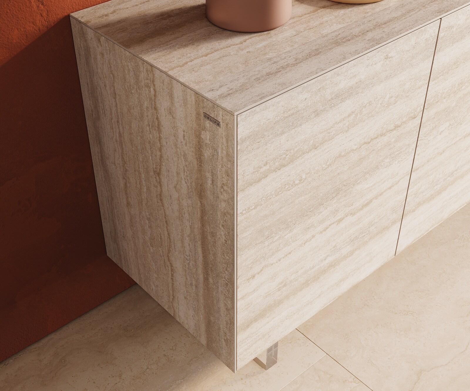 Buffet Cuor 150 cm Céramique Laminam® Travertino Bianco Crème-blanc 3 Portes Pied optique flottant Verre acrylique 5
