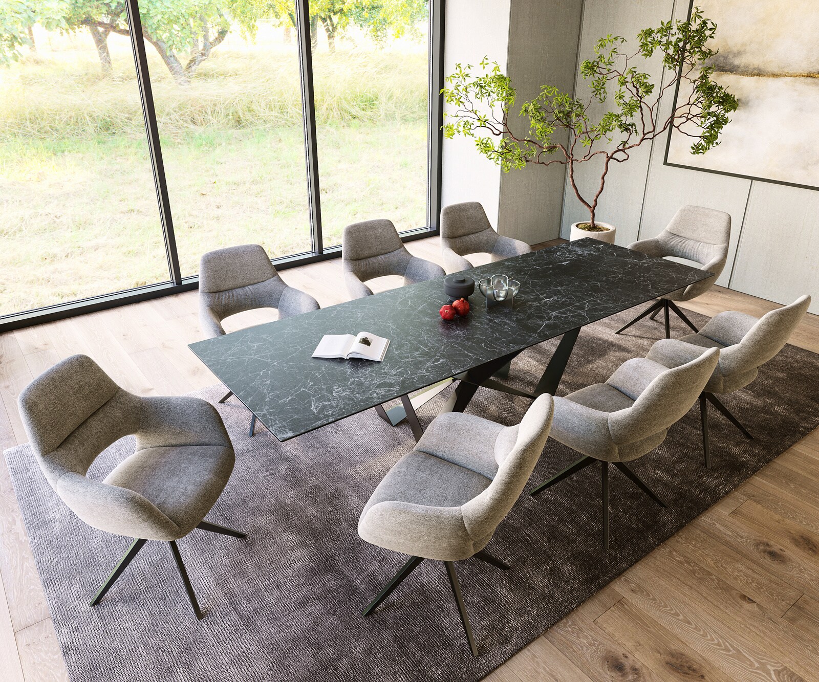 Table-à-manger Edge 300x100cm Laminam® céramique gris pieds milieu acier plat noir 5