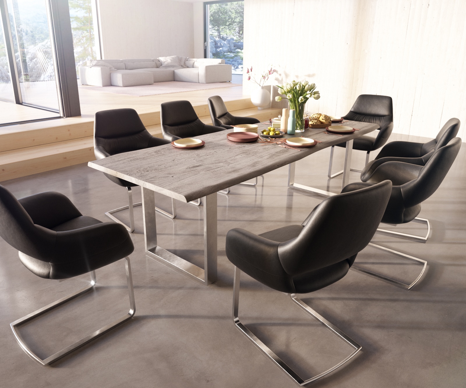 Cantilever Yago-Flex avec accoudoirs cuir de vache noir pied cantilever plat acier inoxydable brossé ressorts ensachés 3 Cantilever Yago-Flex avec accoudoirs cuir de vache noir pied cantilever plat acier inoxydable brossé ressorts ensachés 3