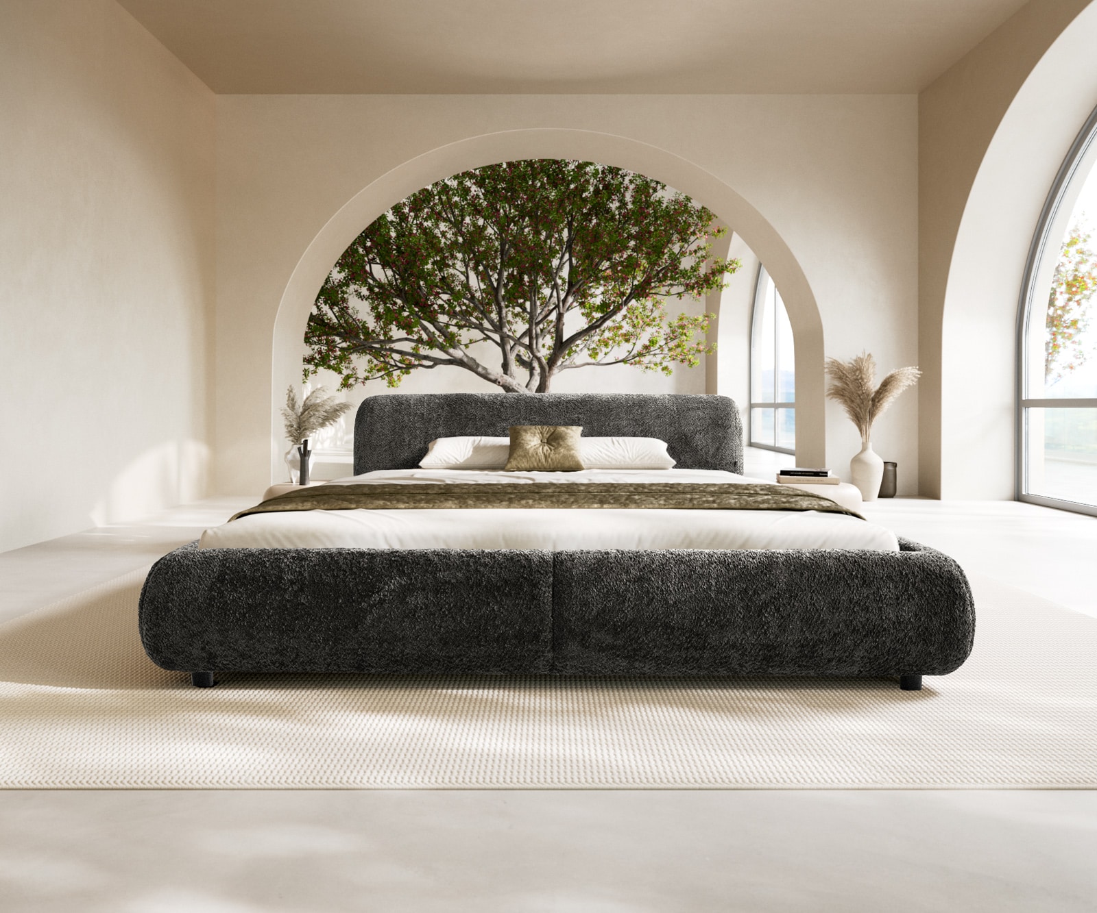 Cadre-de-lit rembourré Shona 180x200 cm tissu Teddy gris 1 Cadre-de-lit rembourré Shona 180x200 cm tissu Teddy gris 1