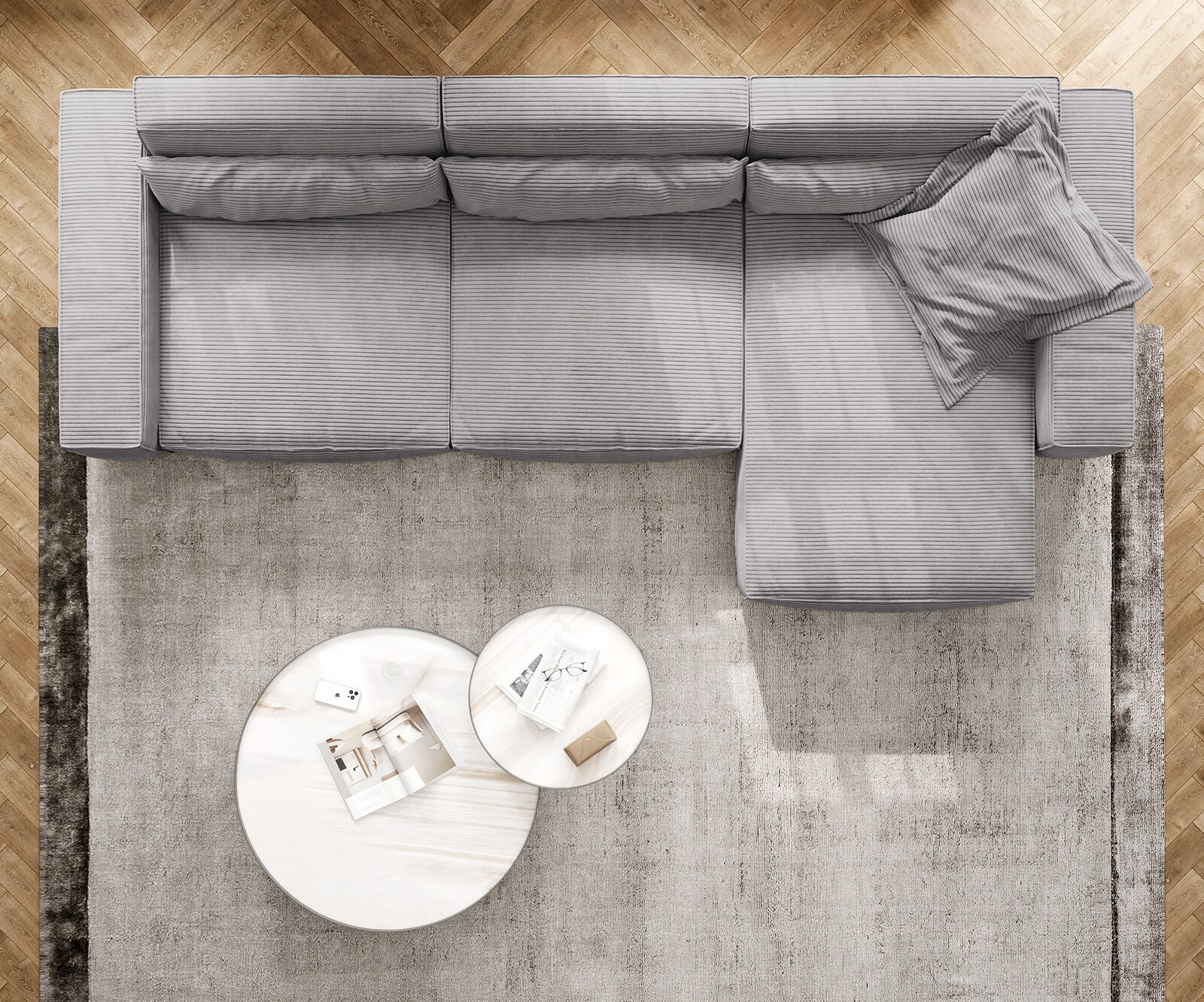 Canapé d'angle Sirpio XL 370x170 cm Velours côtelé Gris argenté Recamiere variable 3