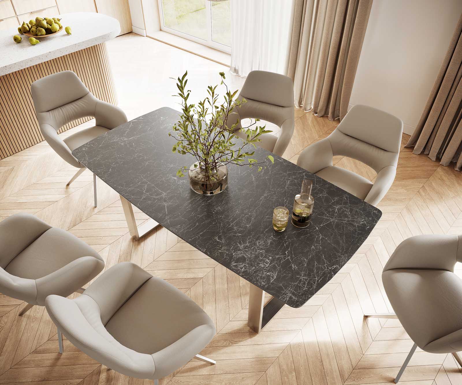 Table-à-manger Edge forme Boot 200x100 céramique Laminam® nero greco gris inox étroit 4