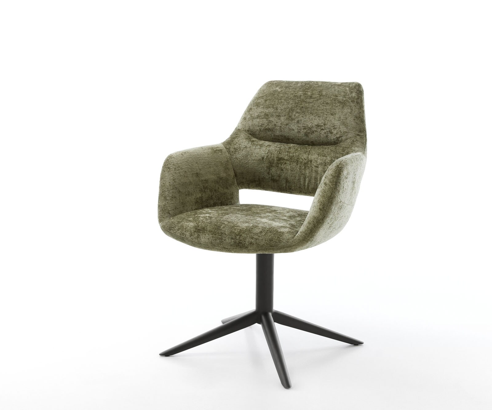 Chaise-pivotante Yago-Flex avec accoudoirs chenille olive pied de chaise 4 branches noir pivotement sur 360° fonction bascule ressorts ensachés
