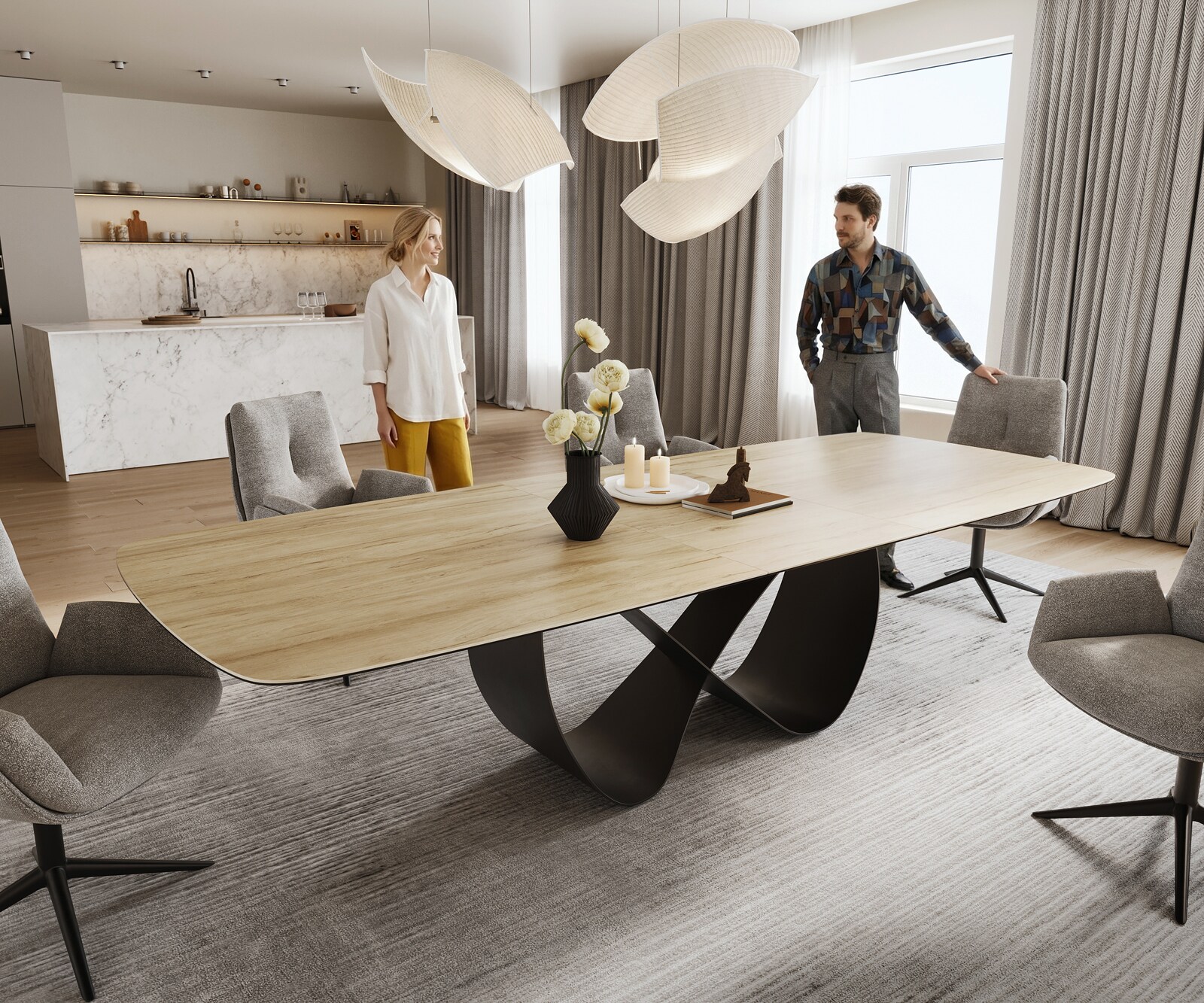 Table à manger Edge Boot 240-300x120 cm Céramique Laminam® Sabbia Eichefarbig Infinity Métal Noir extensible 1