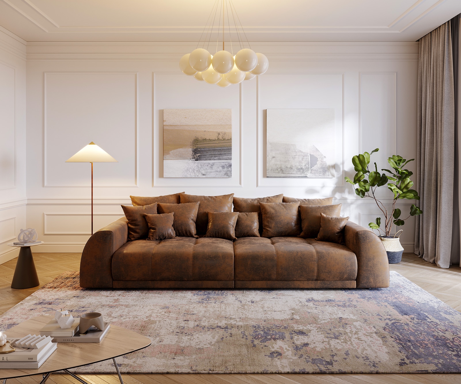 Grand Canapé Violetta 310x135 cm marron aspect antique avec coussin grand Grand Canapé 1 Grand Canapé Violetta 310x135 cm marron aspect antique avec coussin grand Grand Canapé 1