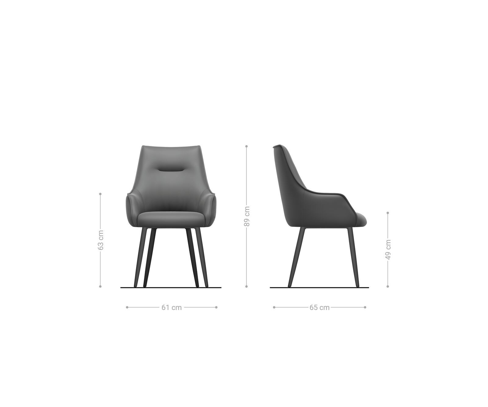 Chaise-de-salle-à-manger Alja-Flex avec accoudoirs cuir de vache noir 4 pieds coniques acier inoxydable brossé ressorts ensachés 6