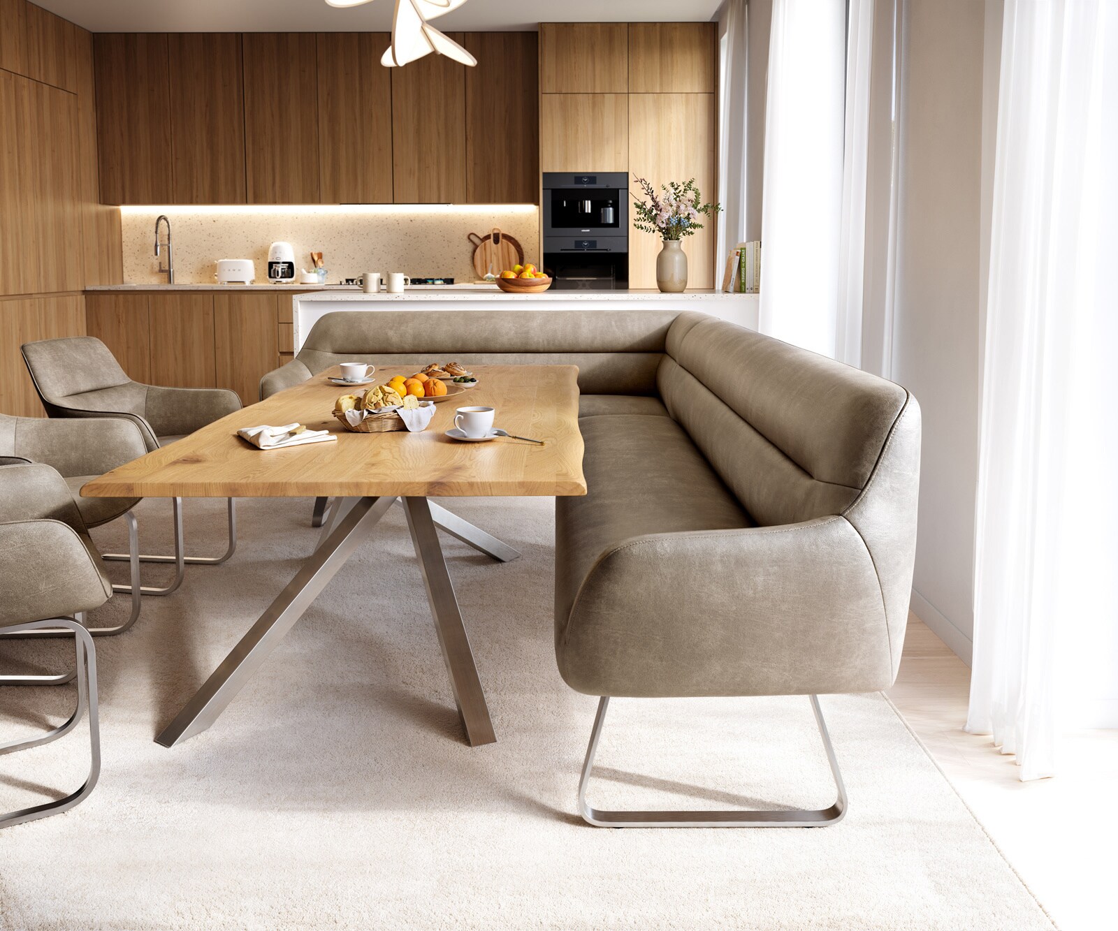 Banc-de-salle-à-manger Taya-Flex 285x190 cm microfibre beige vintage châssis à patins plat acier inoxydable ressort ensaché à droite 2