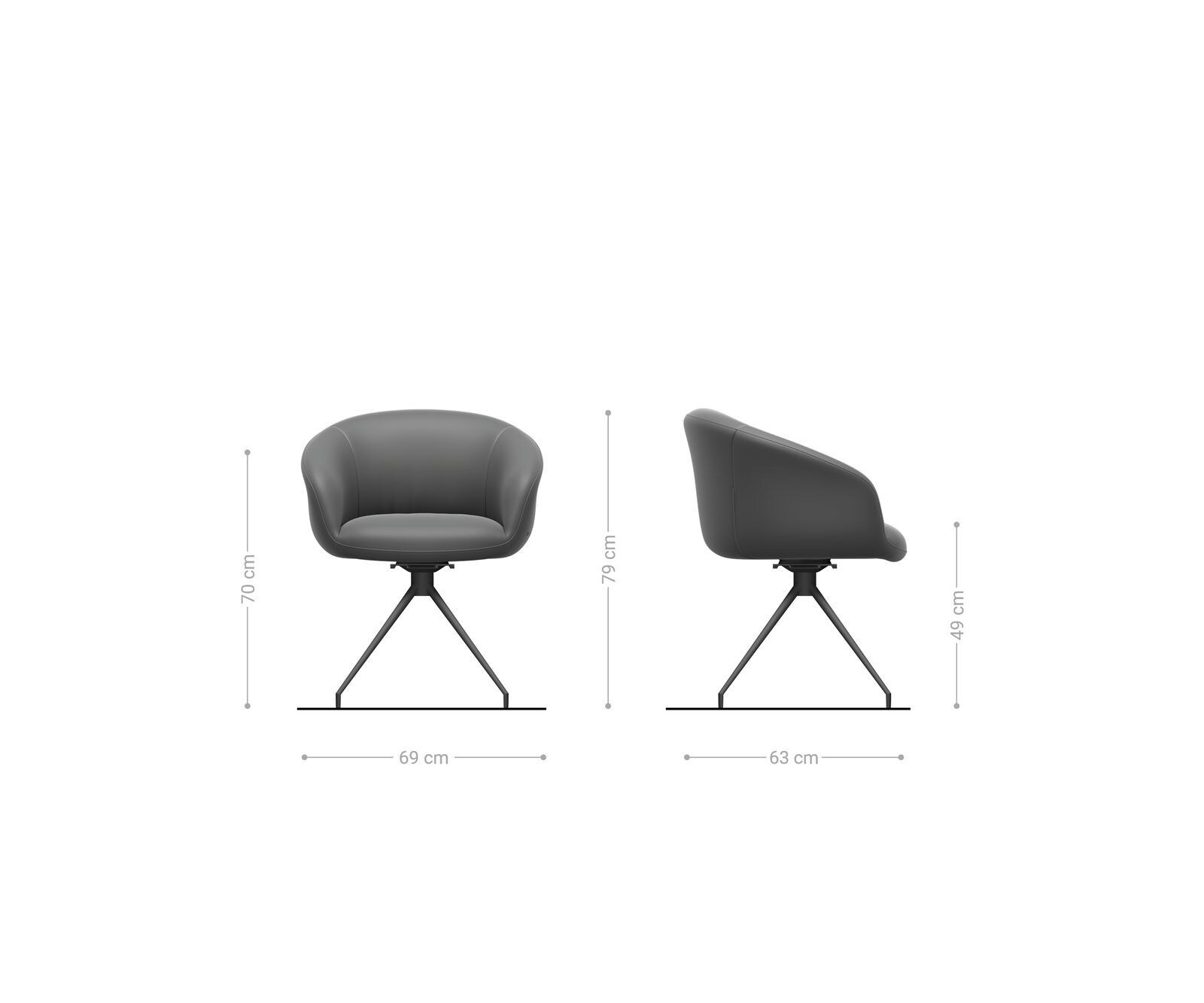 Chaise-pivotante Vinka-Flex avec accoudoirs cuir de vache couleur boue pied croisé conique acier inoxydable brossé pivotement sur 180° ressorts ensachés 6