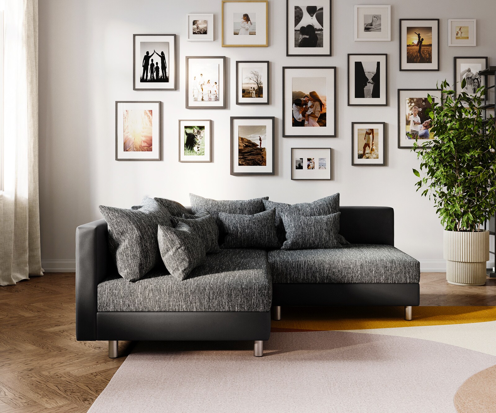 Canapé d'angle Clovis noir ottoman gauche modulable et extensible 1
