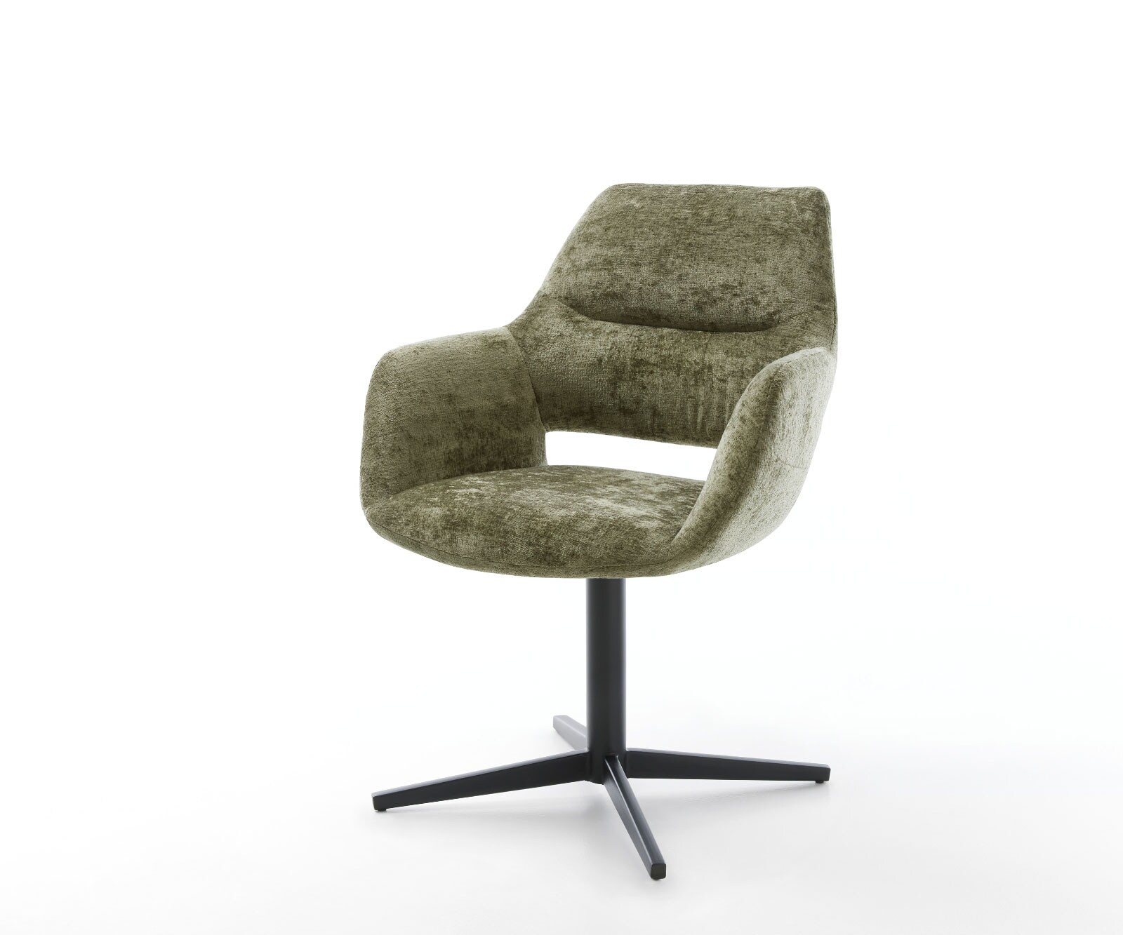 Chaise-pivotante Yago-Flex avec accoudoirs chenille olive pied de chaise 4 branches noir pivotement sur 360° ressorts ensachés