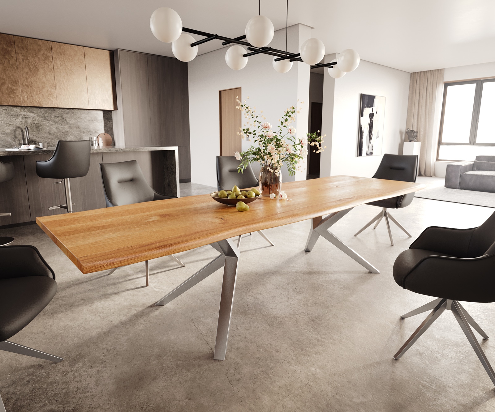 Table à manger Edge 300x100x4 chêne naturee Zenthara Angulaire acier inoxydable Live-Edge