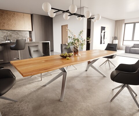 Table à manger Edge 300x100x4 chêne naturee Zenthara Angulaire acier inoxydable Live-Edge