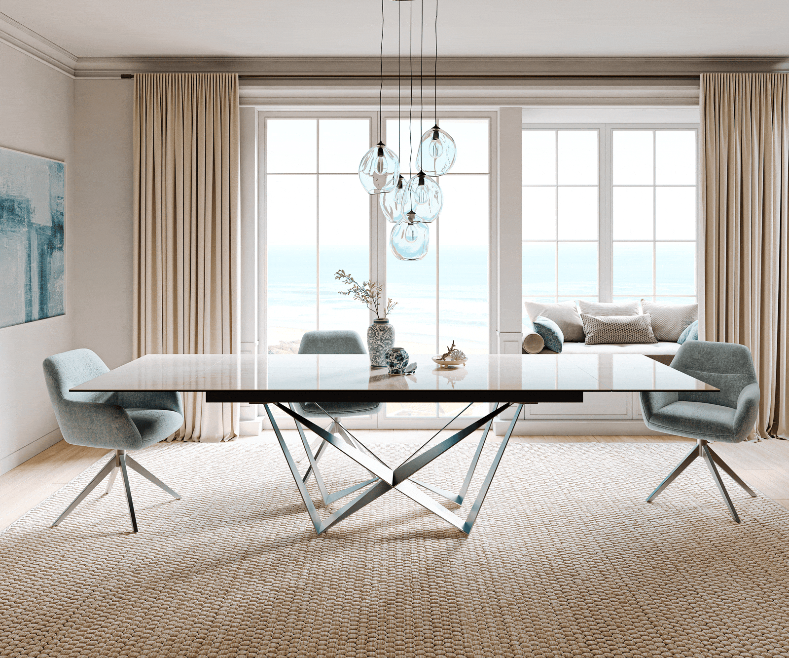 Table à manger extensible Edge 200-300x100 cm céramique Onyx Champagne Spider acier plat inox 2