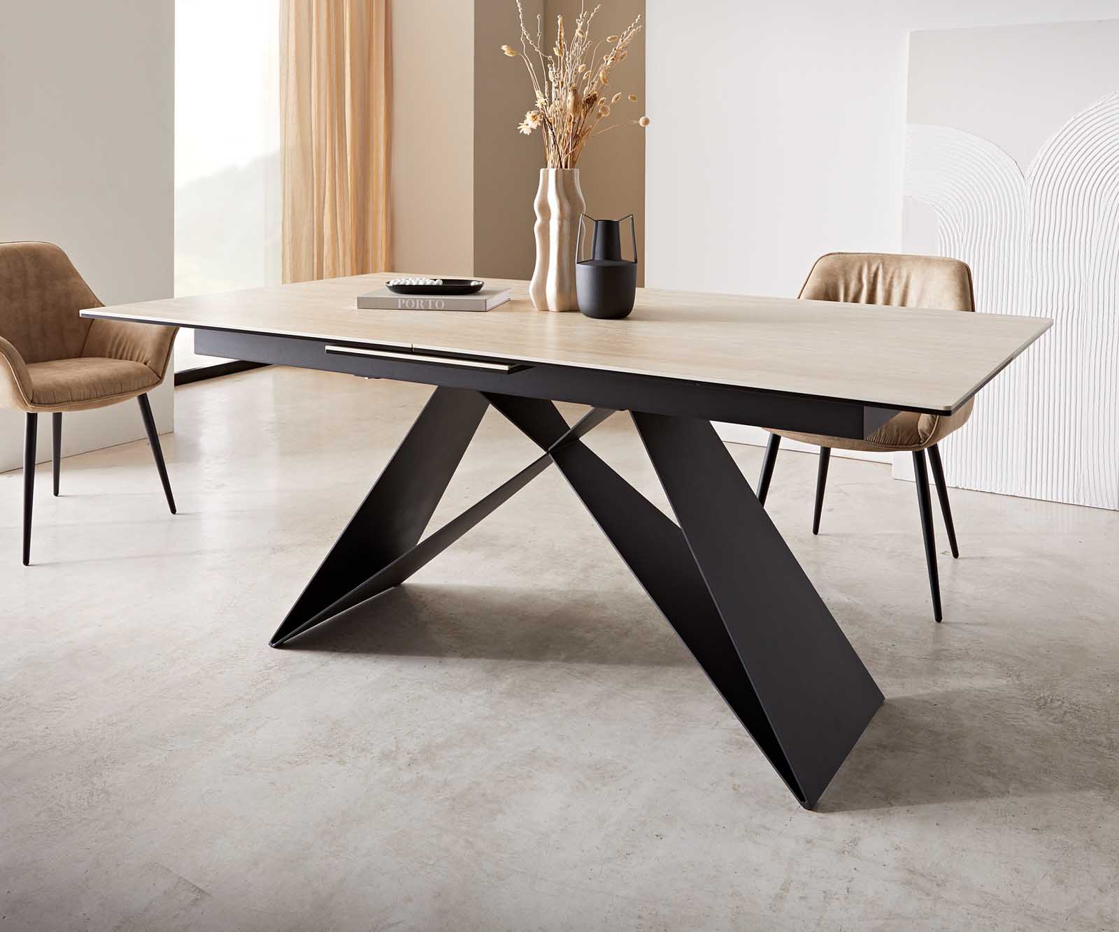 Table à manger Edge 180-220x100 céramique Travertin nature cadre en V acier plat noir extensible 5