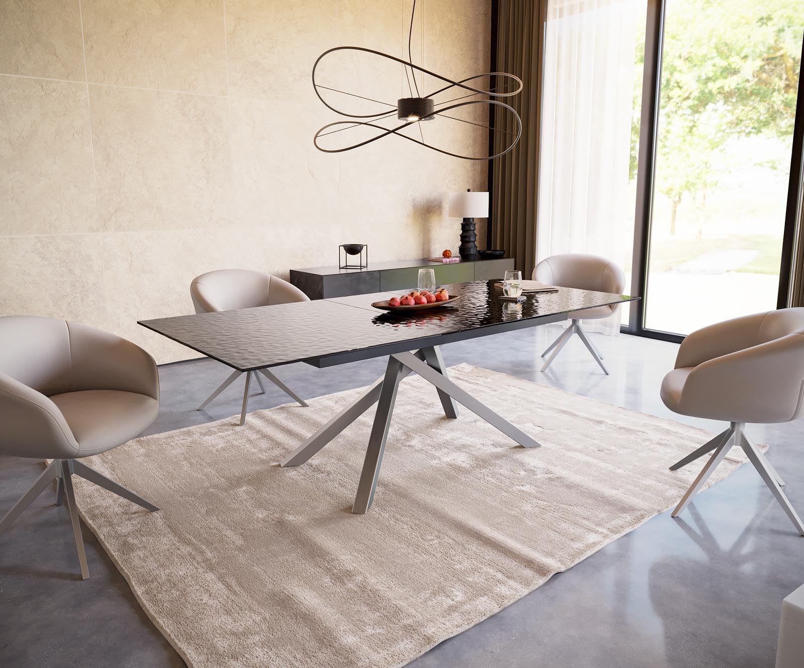 Table à manger Edge 180-220x100 verre fondu noir fumé relief en 3D cadre croisé rectangulaire acier inoxydable extensible 5 Table à manger Edge 180-220x100 verre fondu noir fumé relief en 3D cadre croisé rectangulaire acier inoxydable extensible 5