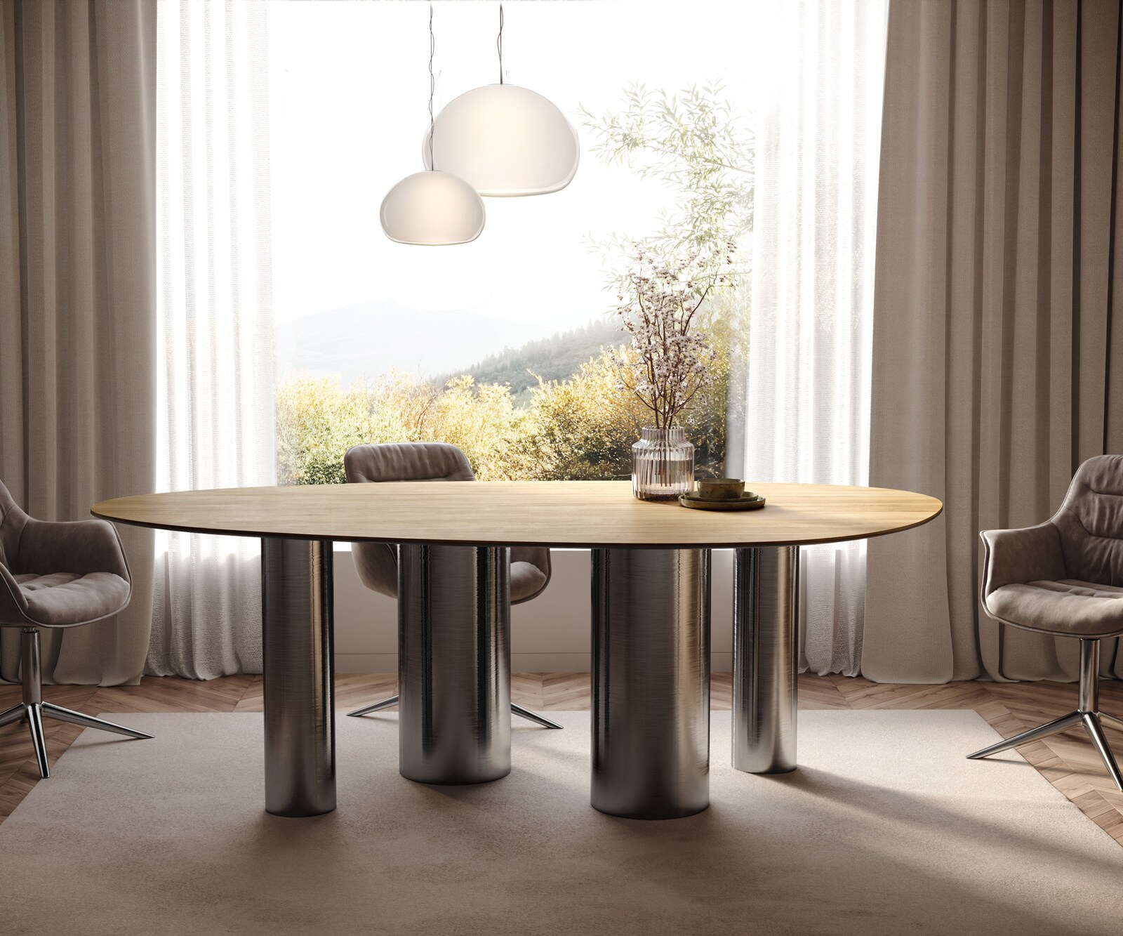 Table à manger Edge Ovale 220x120 Céramique Laminam® Sabbia Couleur chêne Pilier Acier inoxydable Graphite 2