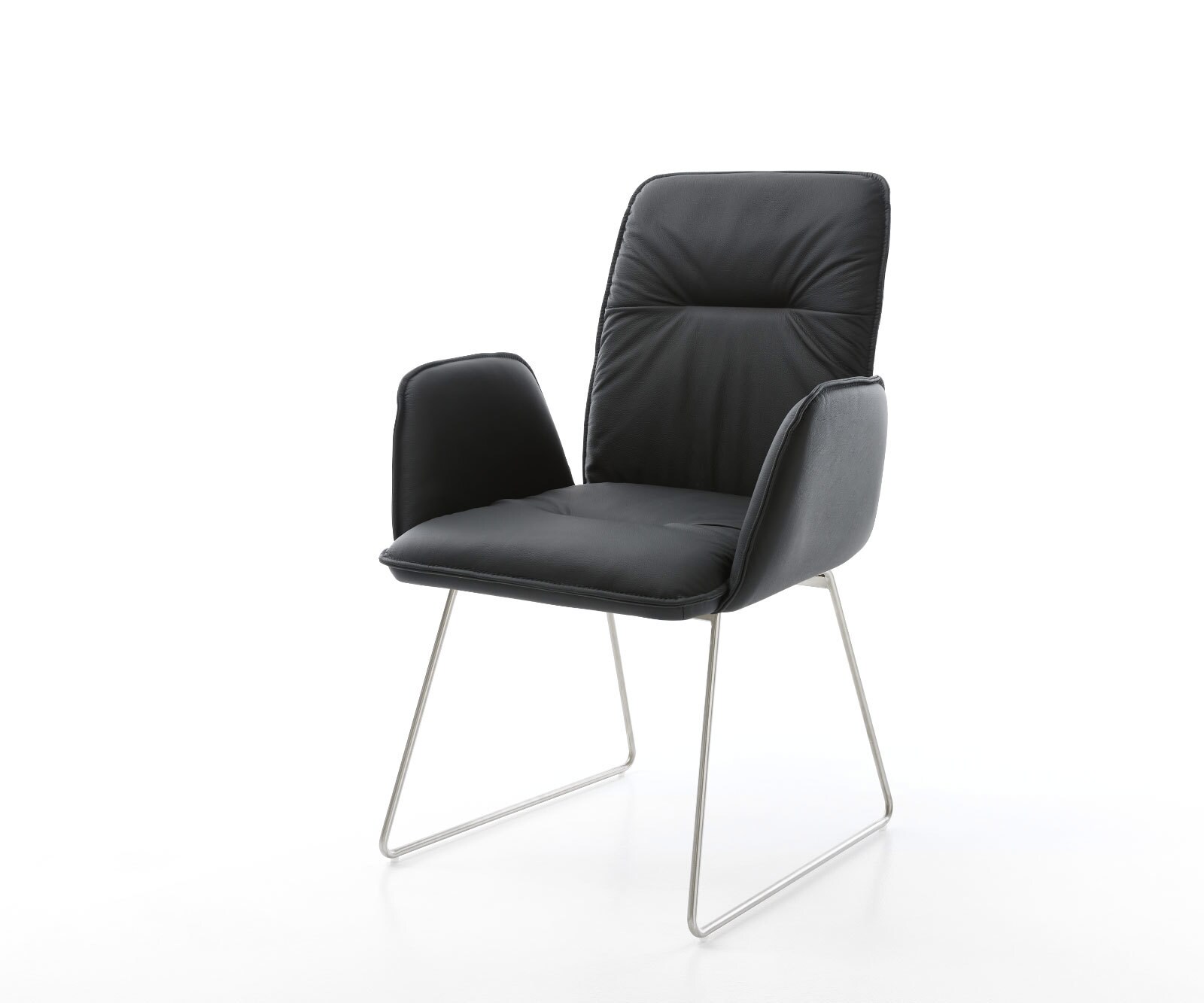 Chaise-de-salle-à-manger Vinja-Flex cuir de vache noir pied trapèze acier inoxydable brossé