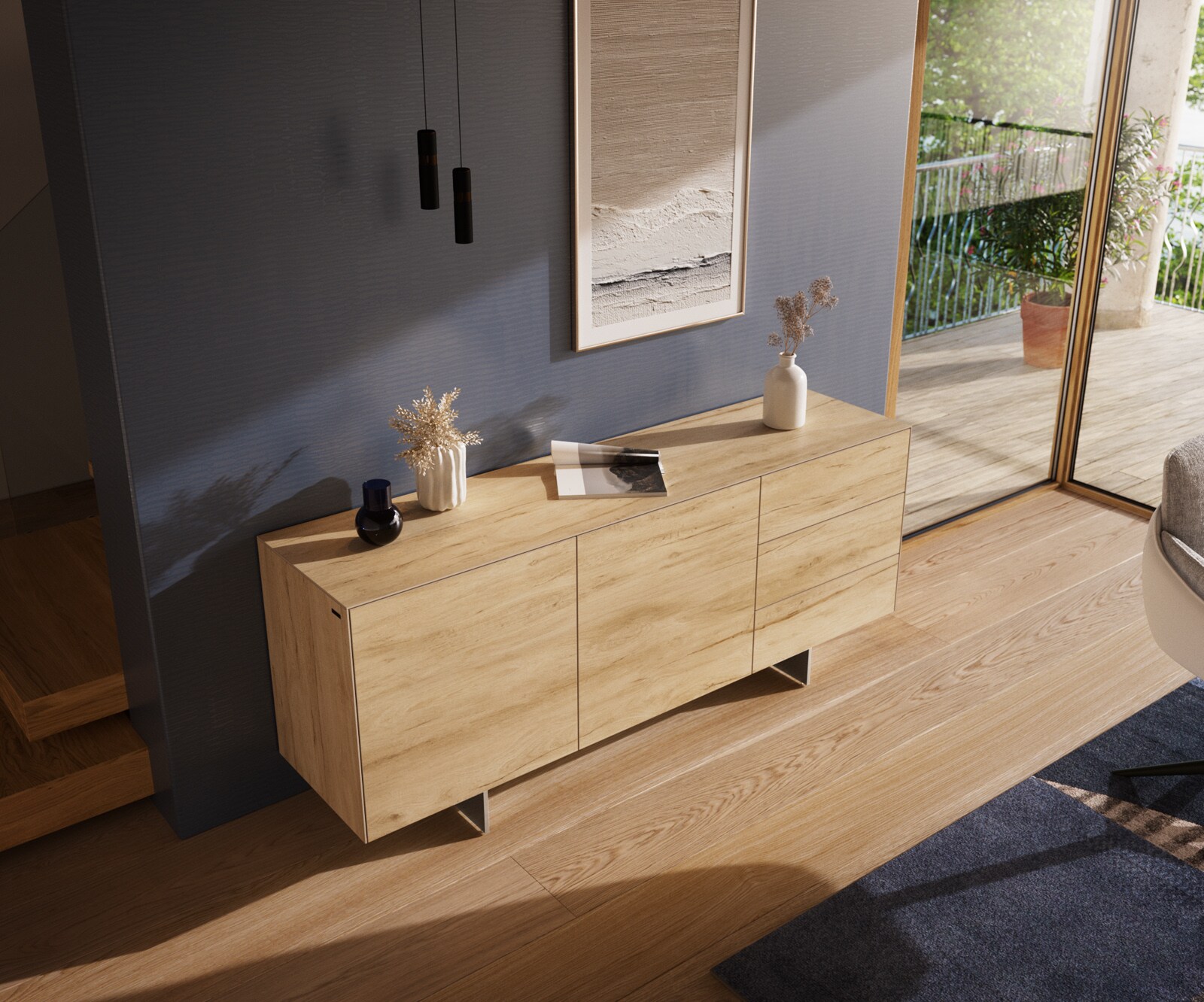 Buffet Cuor 180 cm Céramique Laminam® Sabbia Teinte chêne 2 Portes 3 Tiroirs Pied optique flottant Ancier inoxydable 3