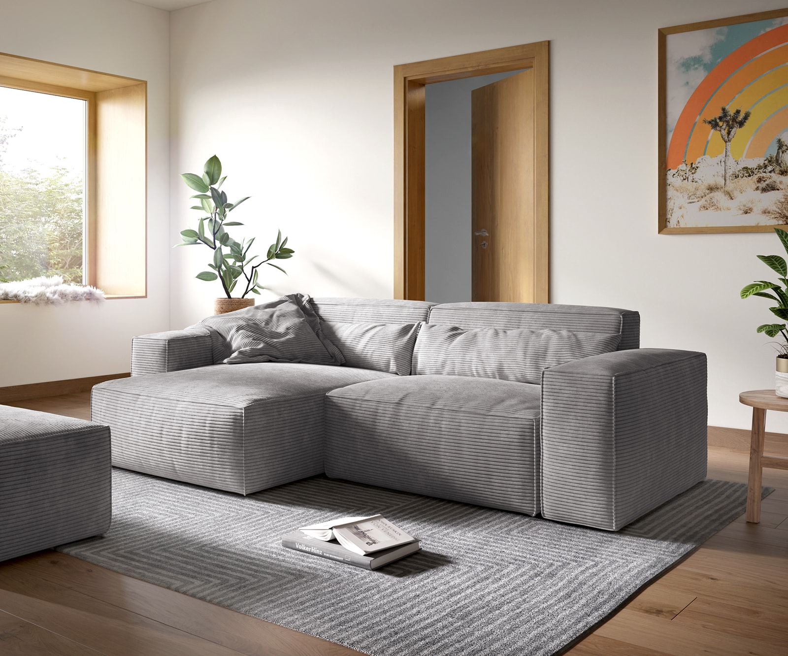 Canapé d'angle Sirpio XL 270x170 cm Velours côtelé Gris argenté Recamiere variable avec Tabouret Canapé d'angle Sirpio XL 270x170 cm Velours côtelé Gris argenté Recamiere variable avec Tabouret
