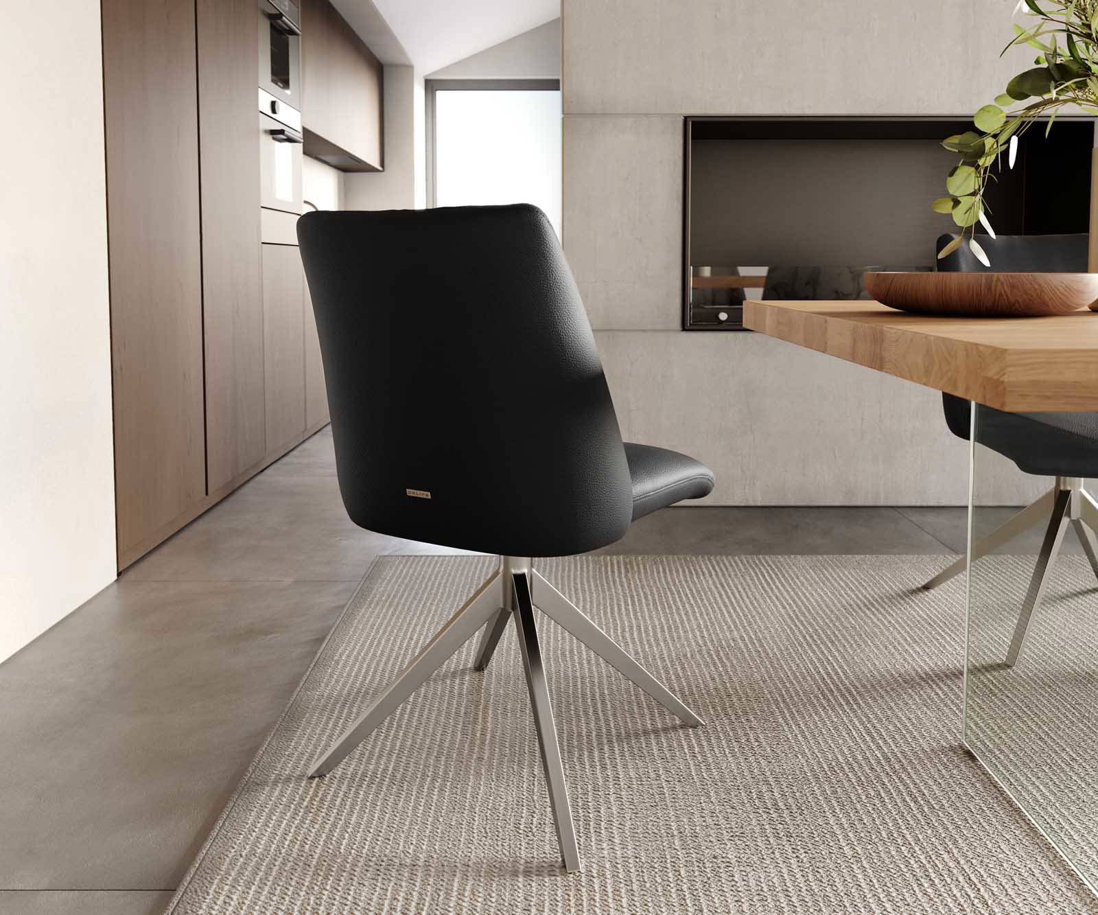 Chaise-pivotante Elso-Flex cuir de vache noir pied croisé large acier inoxydable brossé pivotement sur 360° ressorts ensachés 3
