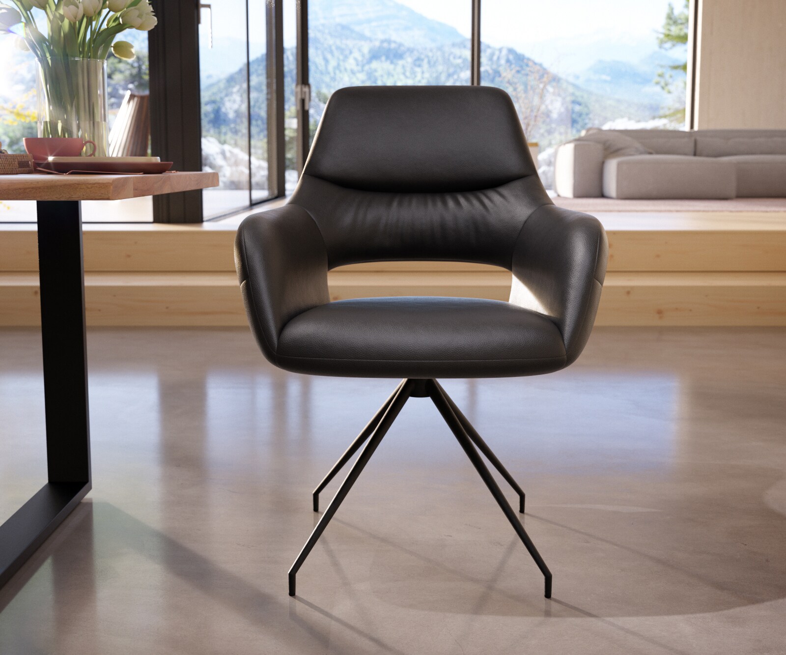 Chaise-de-salle-à-manger Yago-Flex avec accoudoirs cuir de vache noir pied croisé conique noir ressorts ensachés 1 Chaise-de-salle-à-manger Yago-Flex avec accoudoirs cuir de vache noir pied croisé conique noir ressorts ensachés 1
