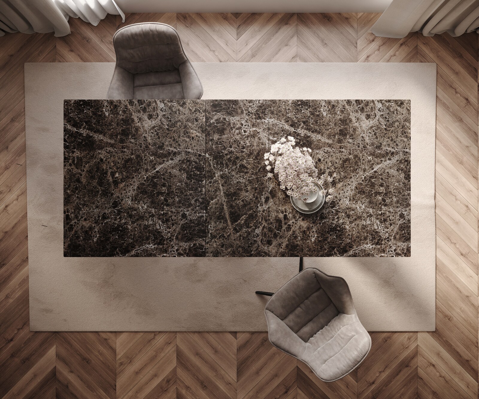 Table de salle à manger Edge Céramique Emperador Extra Lucidato Brun foncé 180-220x100 Piètement en W finition effet Titane extensible 6