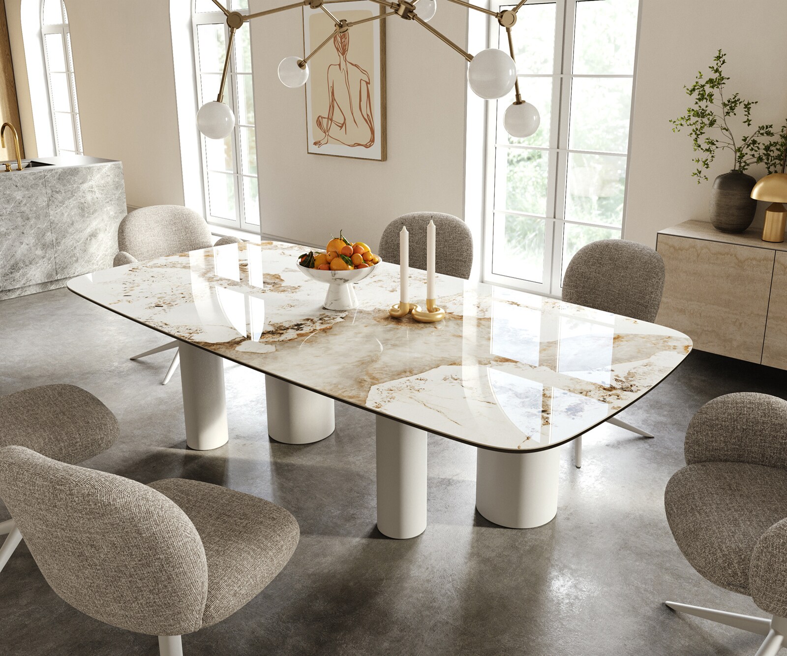 Table à manger Edge Boot 240x120 cm Céramique Minas Melange Blanc-Beige Pilier Métal Blanc 1