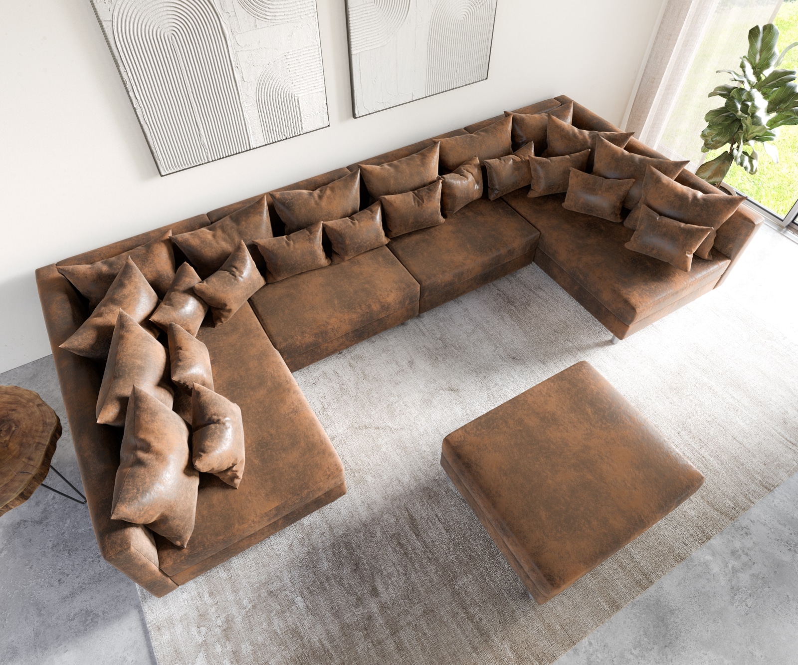 Canapé-panoramique Clovis XL marron look antique tabouret modulaire  3 Canapé-panoramique Clovis XL marron look antique tabouret modulaire  3