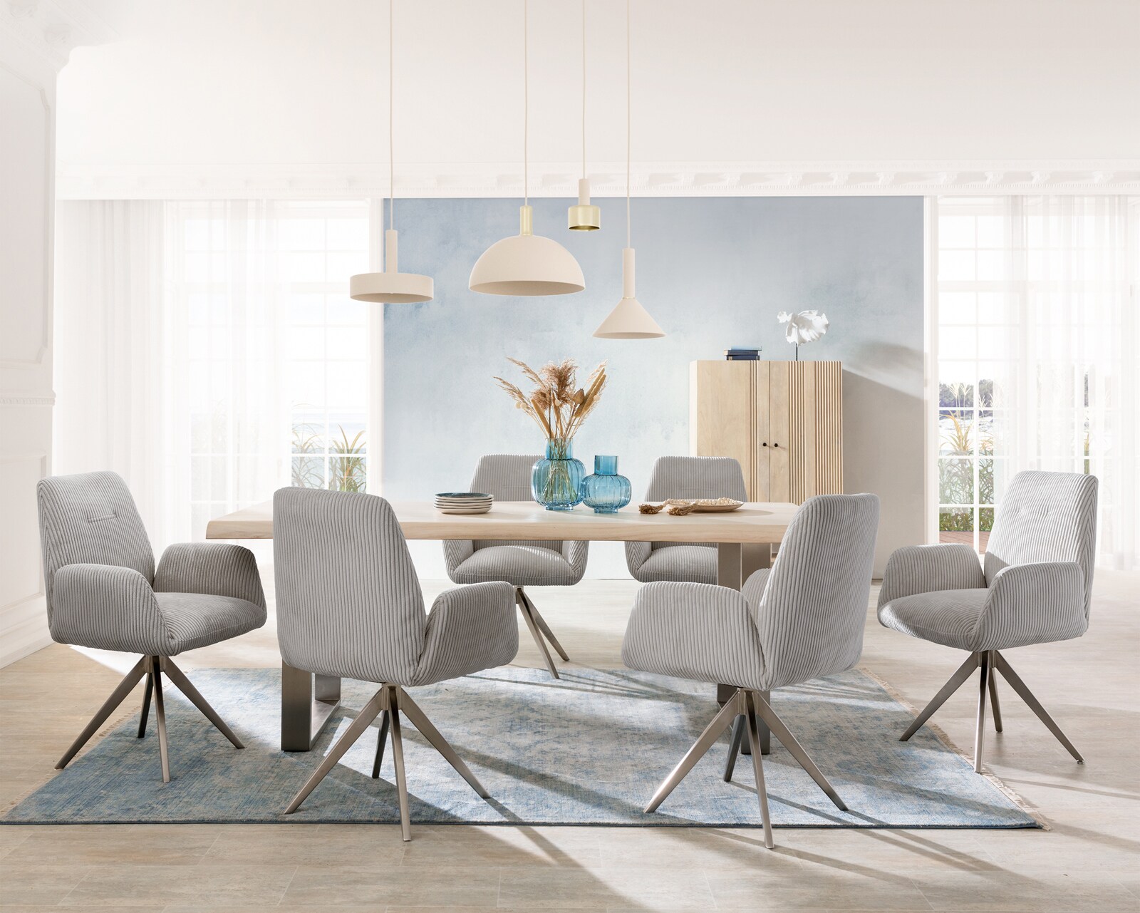 Chaise-de-salle-à-manger Zoa-Flex côtelé gris argenté pied croisé angulaire acier inoxydable brossé ressorts ensachés 3 Chaise-de-salle-à-manger Zoa-Flex côtelé gris argenté pied croisé angulaire acier inoxydable brossé ressorts ensachés 3