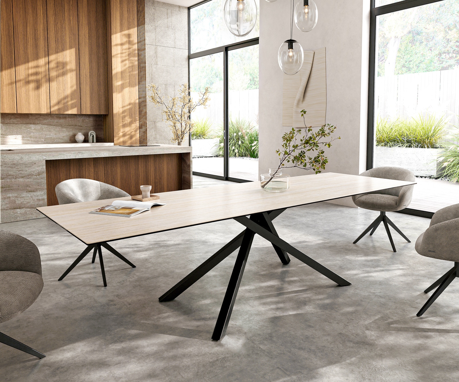 Table à manger Edge 300x100 cm Céramique Laminam®Travertino Bianco Creme-Blanc piètement en croix Rectangle Noir