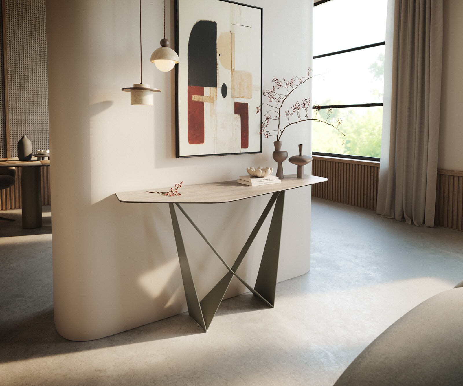 Console Edge Polygonal 140x50 cm Céramique Laminam® Travertino Bianco Creme-Weiß Spios Métal Effektfinish Titan 1